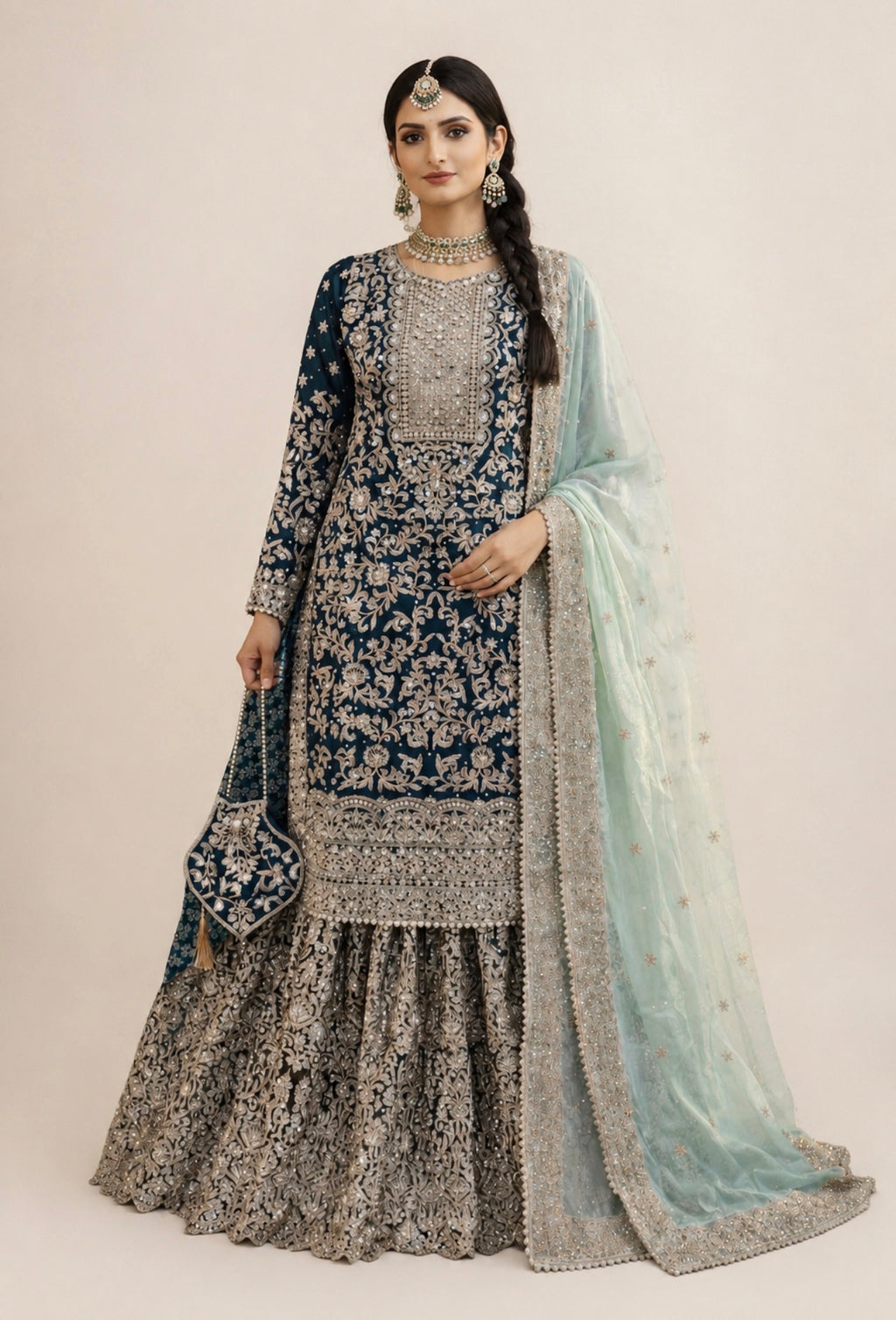 MAAYA Heavy Embroidered Pakistani Gharara Suit with Organza Dupatta