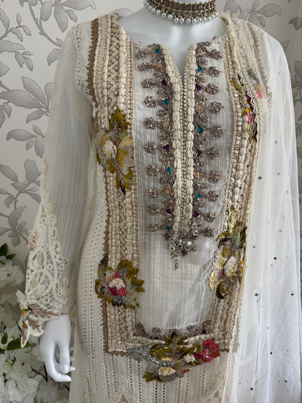 UJAALA….. Elegant White Embroidered Pakistani Suit with net Dupatta