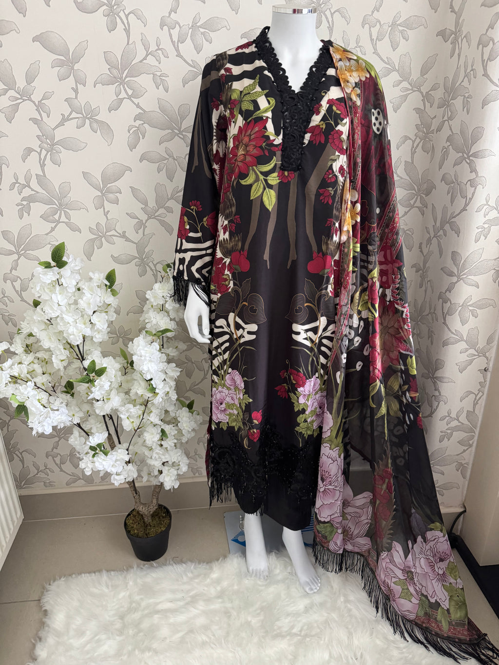 M Prints inspired Embroidered 3-Piece Suit | Pakistani Designer Dress