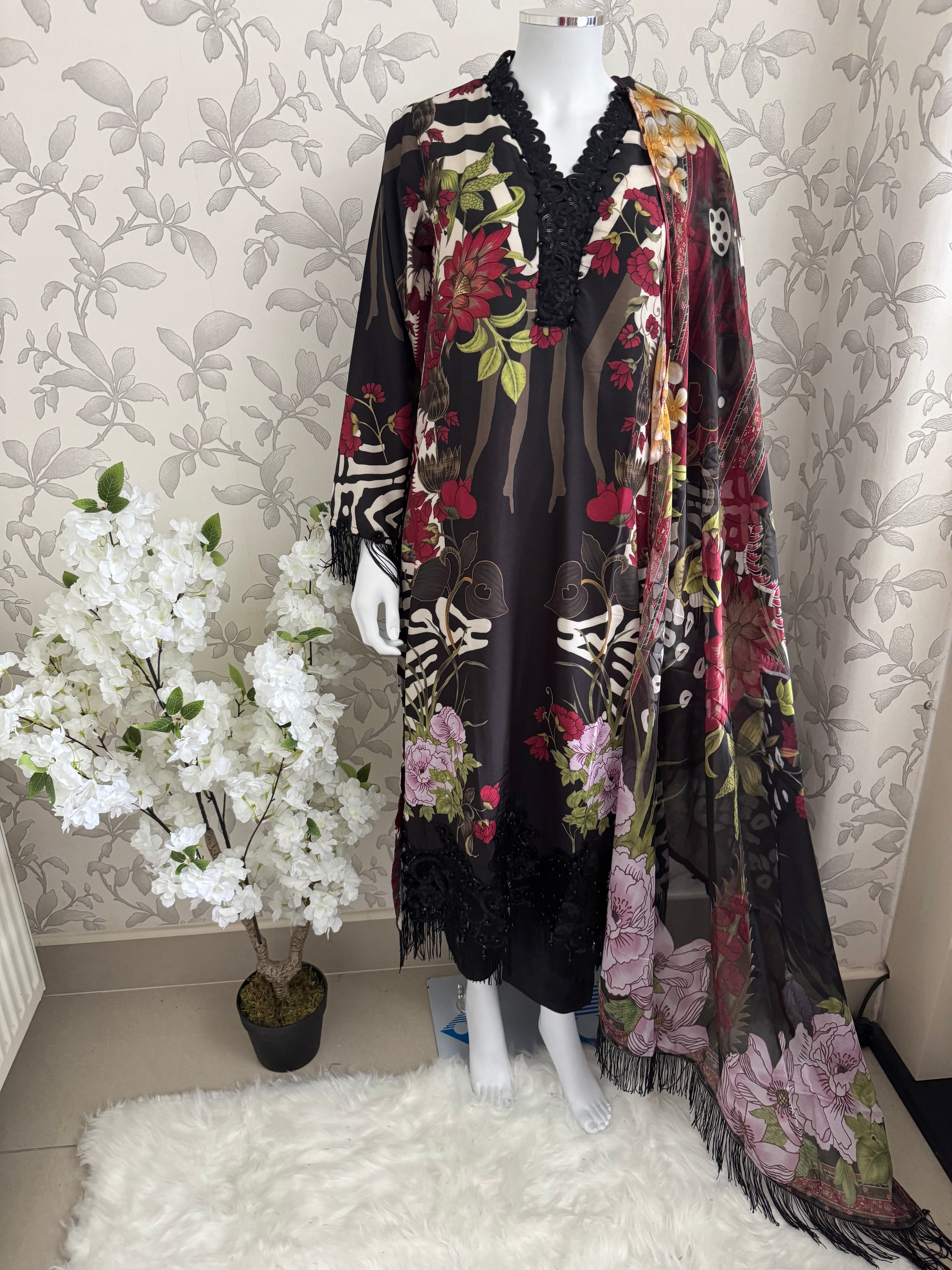 M Prints inspired Embroidered 3-Piece Suit | Pakistani Designer Dress