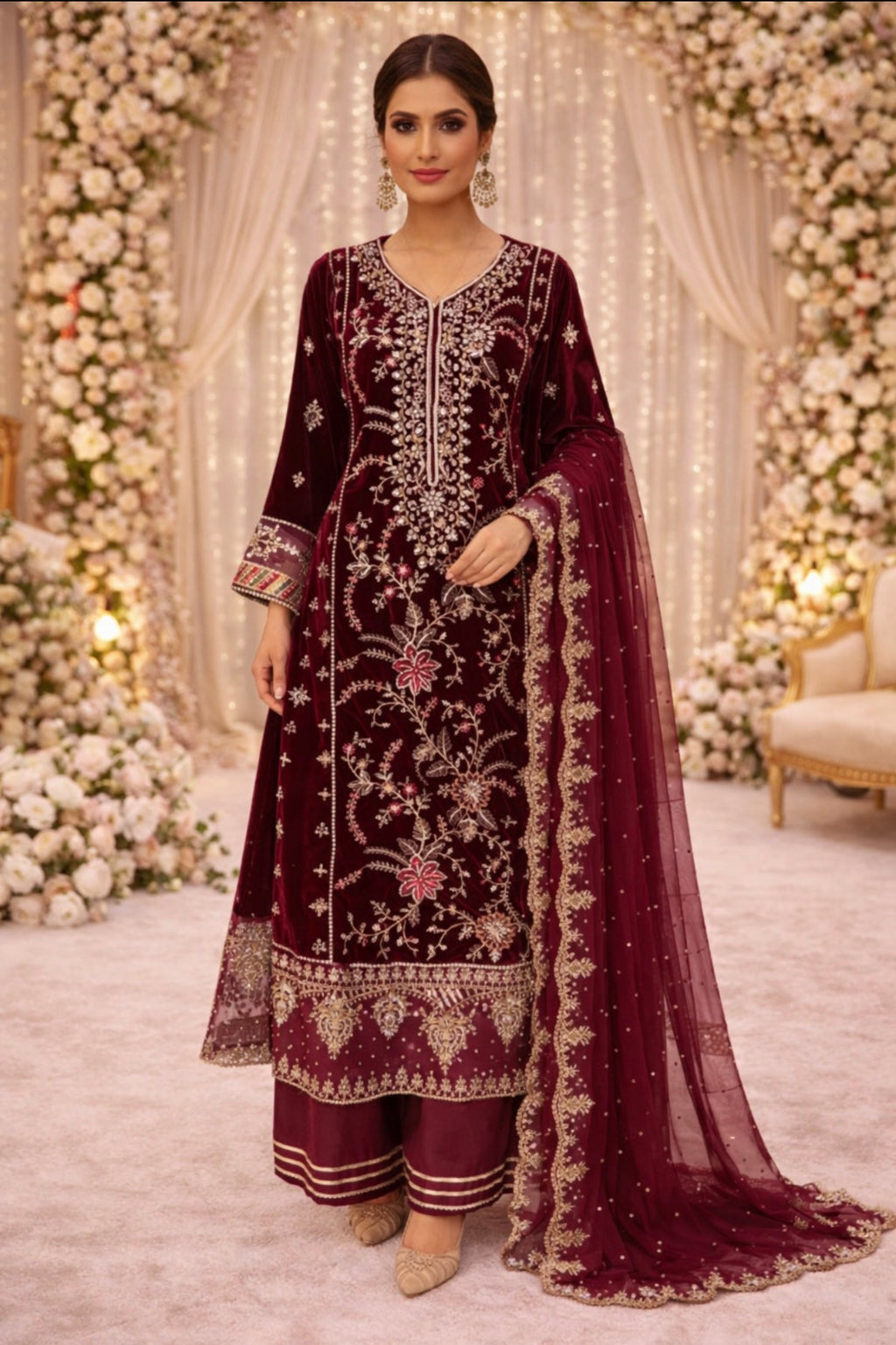 MAHRUKH  heavy Embroidered 3-piece velvet Suit| Pakistani Wedding & Party Wear