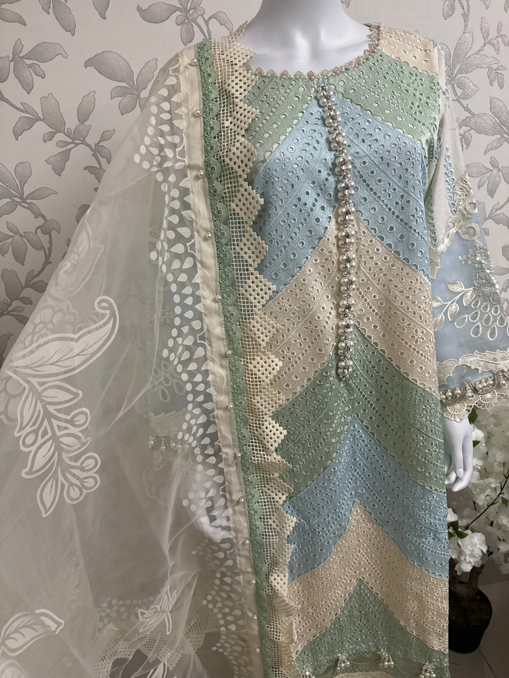 Mint Pearl Luxury Embroidered Suit – 3 Piece Collection