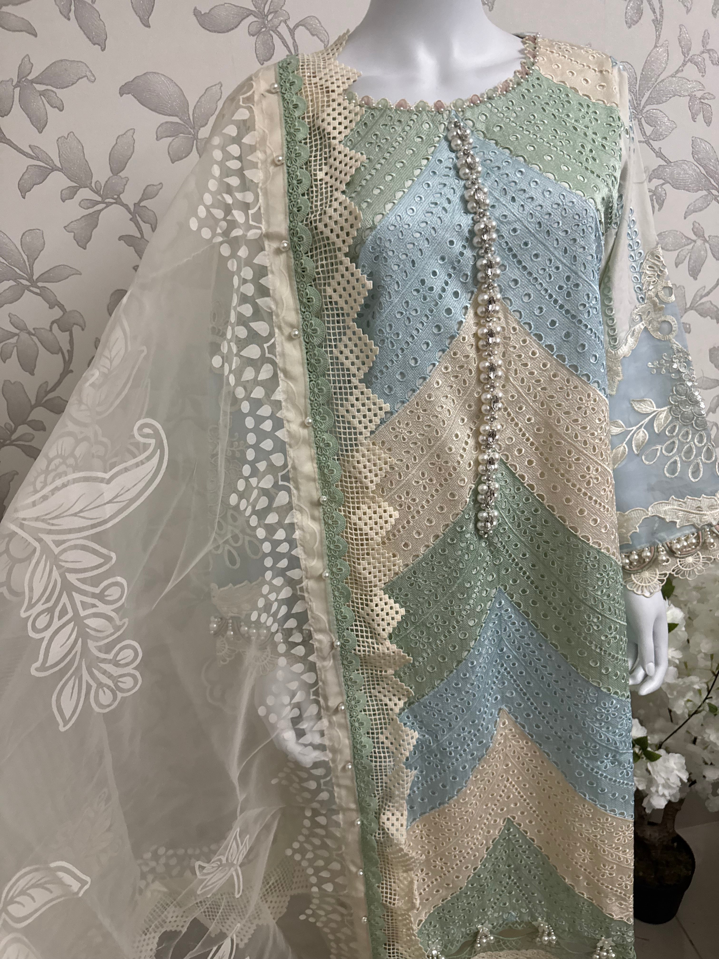 Mint Pearl Luxury Embroidered Suit – 3 Piece Collection