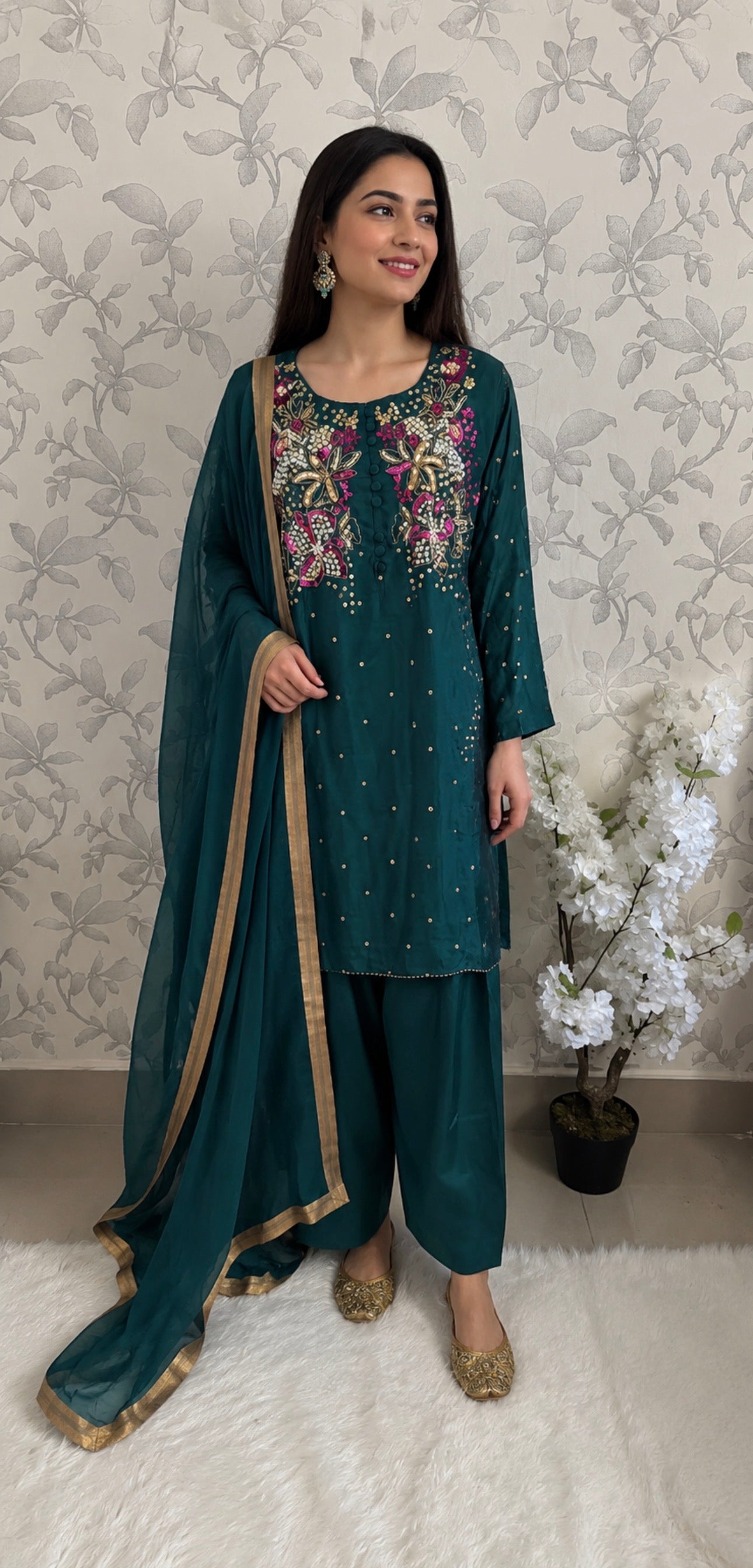 SILKY CHARM Luxury Embroidered Silk Suit with Pearl & Sequin Work