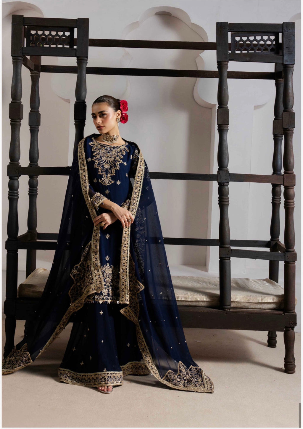 ALANI Navy Blue Luxury Embroidered Gharara Suit | Pakistani Wedding & Party Wear