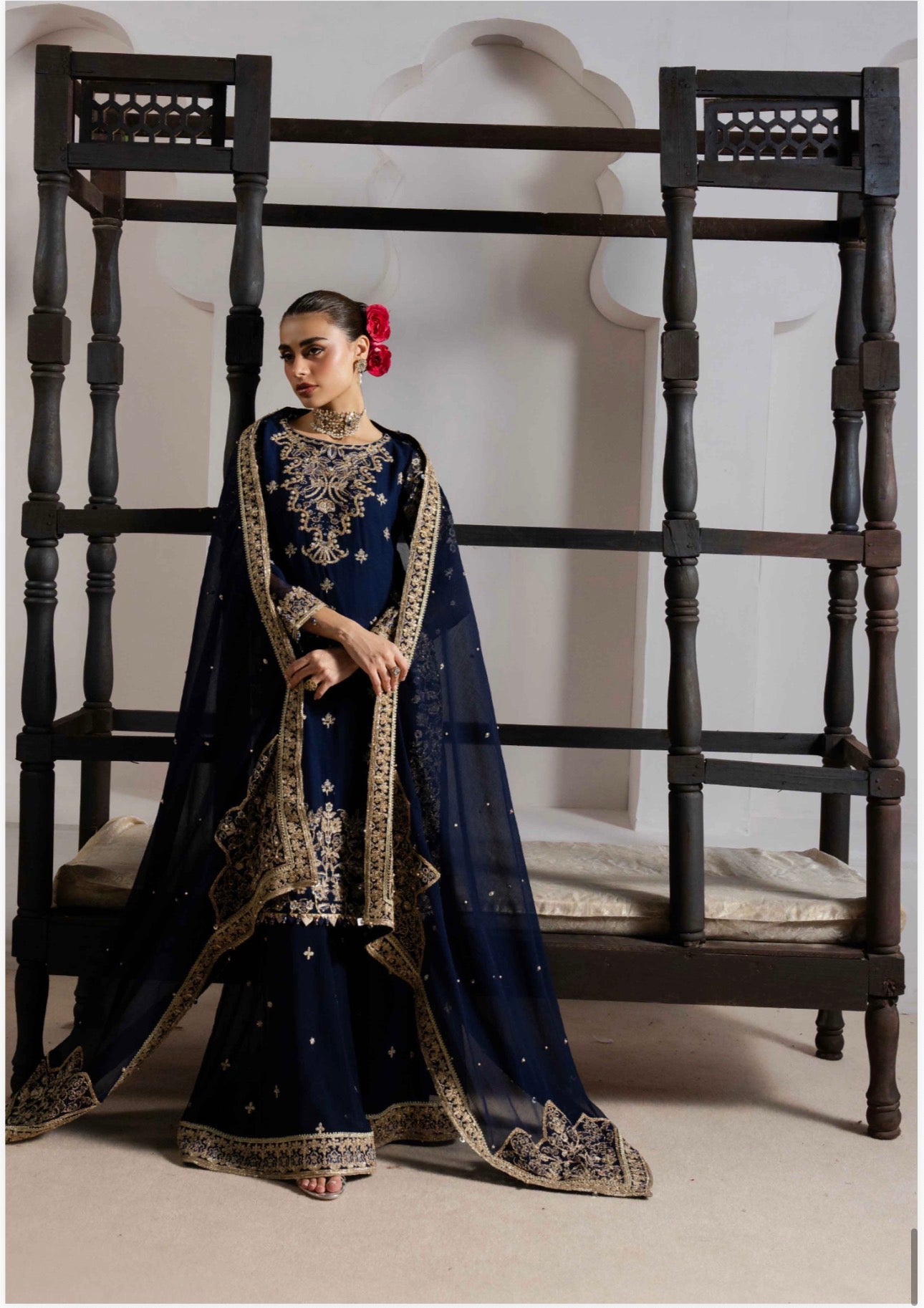 ALANI Navy Blue Luxury Embroidered Gharara Suit | Pakistani Wedding & Party Wear