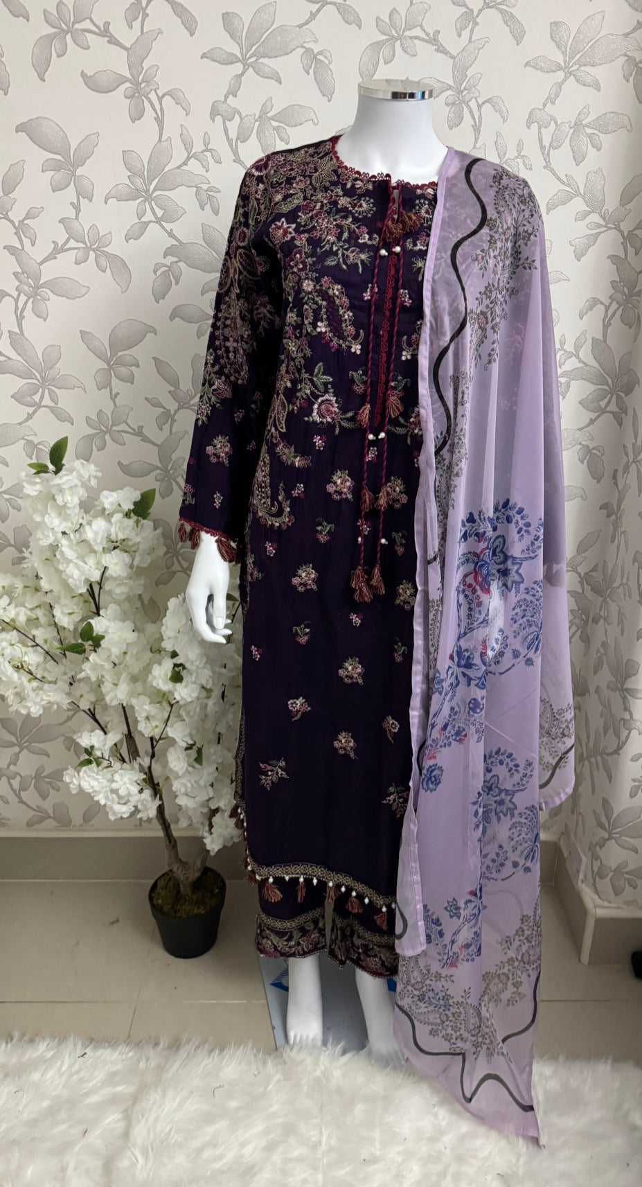 HUSN-E-EID Plum Purple Embroidered Luxury-3 Piece Suit