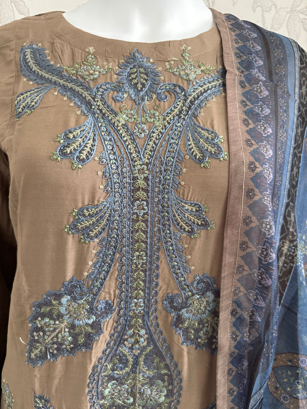 M Prints inspired Embroidered 3-Piece Suit | Pakistani Designer Dress