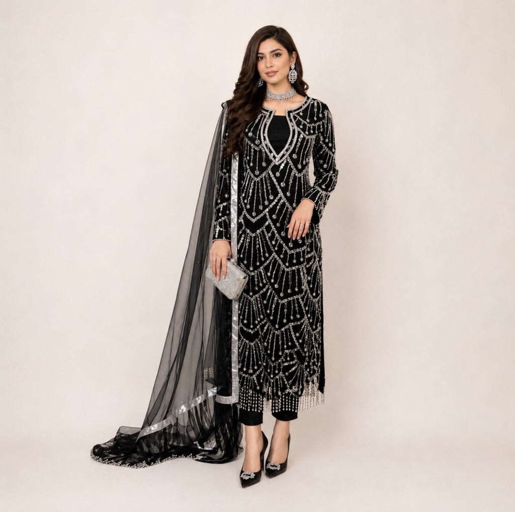 CUT DANA Luxury Silver Embellished Suit with Net Duppatta-3 Piece suit