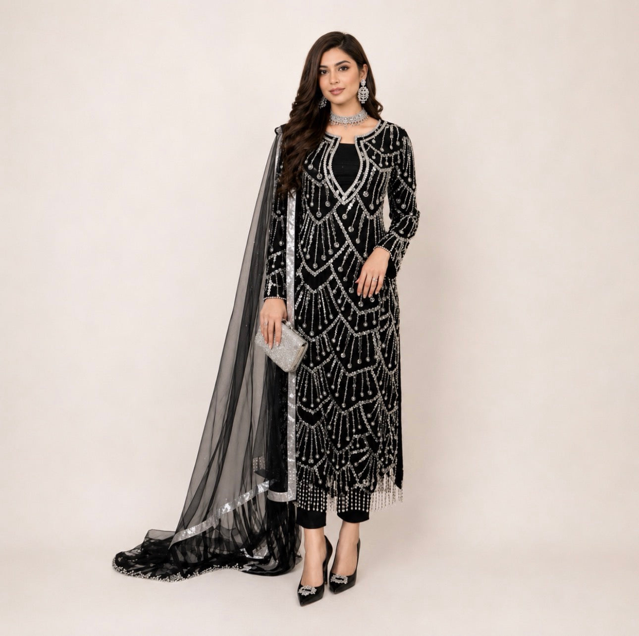 CUT DANA Luxury Silver Embellished Suit with Net Duppatta-3 Piece suit