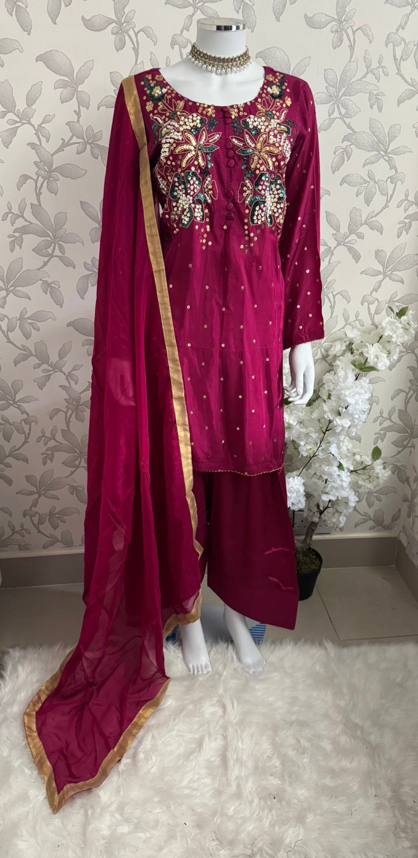 SILKY CHARM Luxury Embroidered Silk Suit with Pearl & Sequin Work