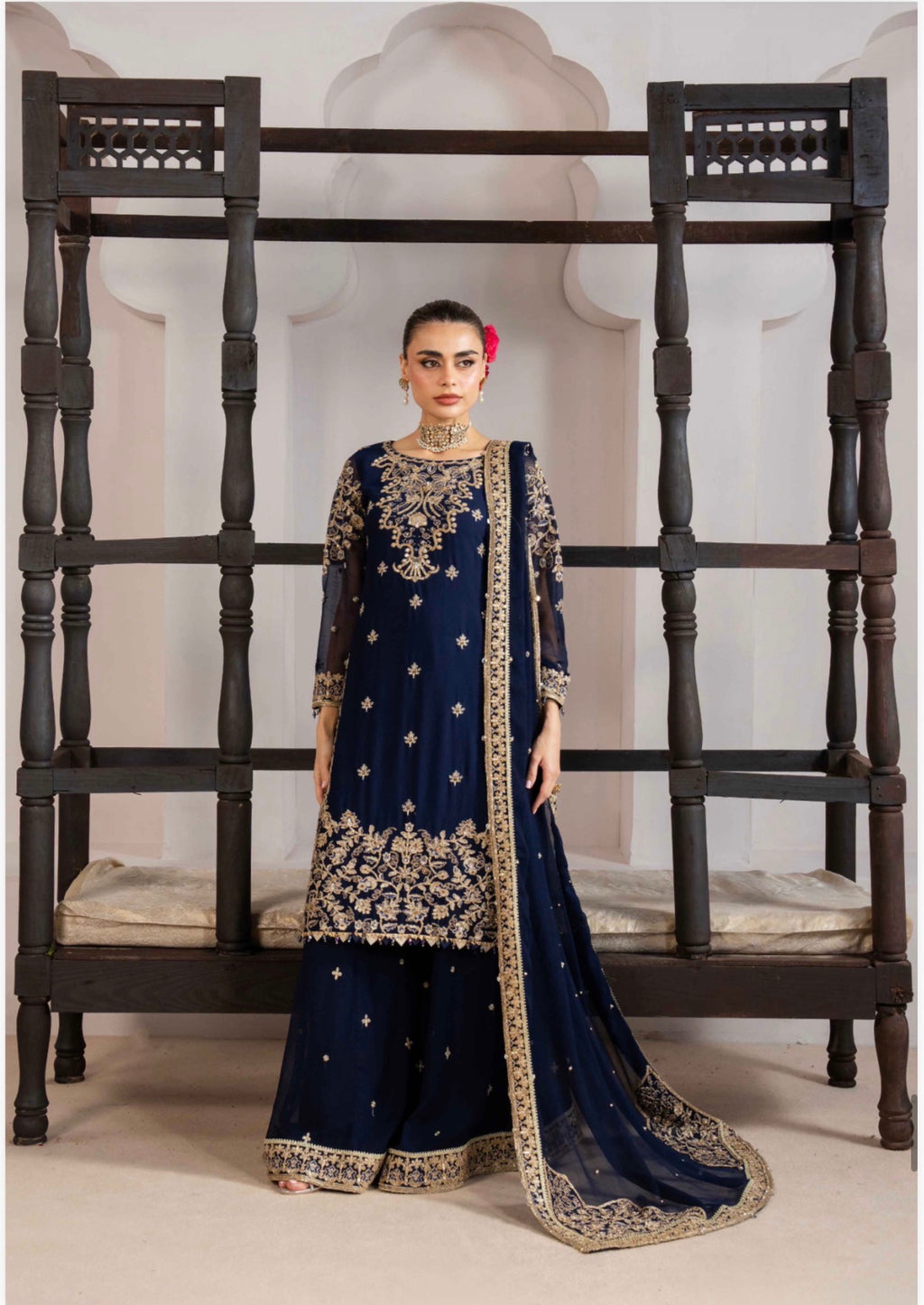 ALANI Navy Blue Luxury Embroidered Gharara Suit | Pakistani Wedding & Party Wear
