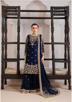 ALANI Navy Blue Luxury Embroidered Gharara Suit | Pakistani Wedding & Party Wear
