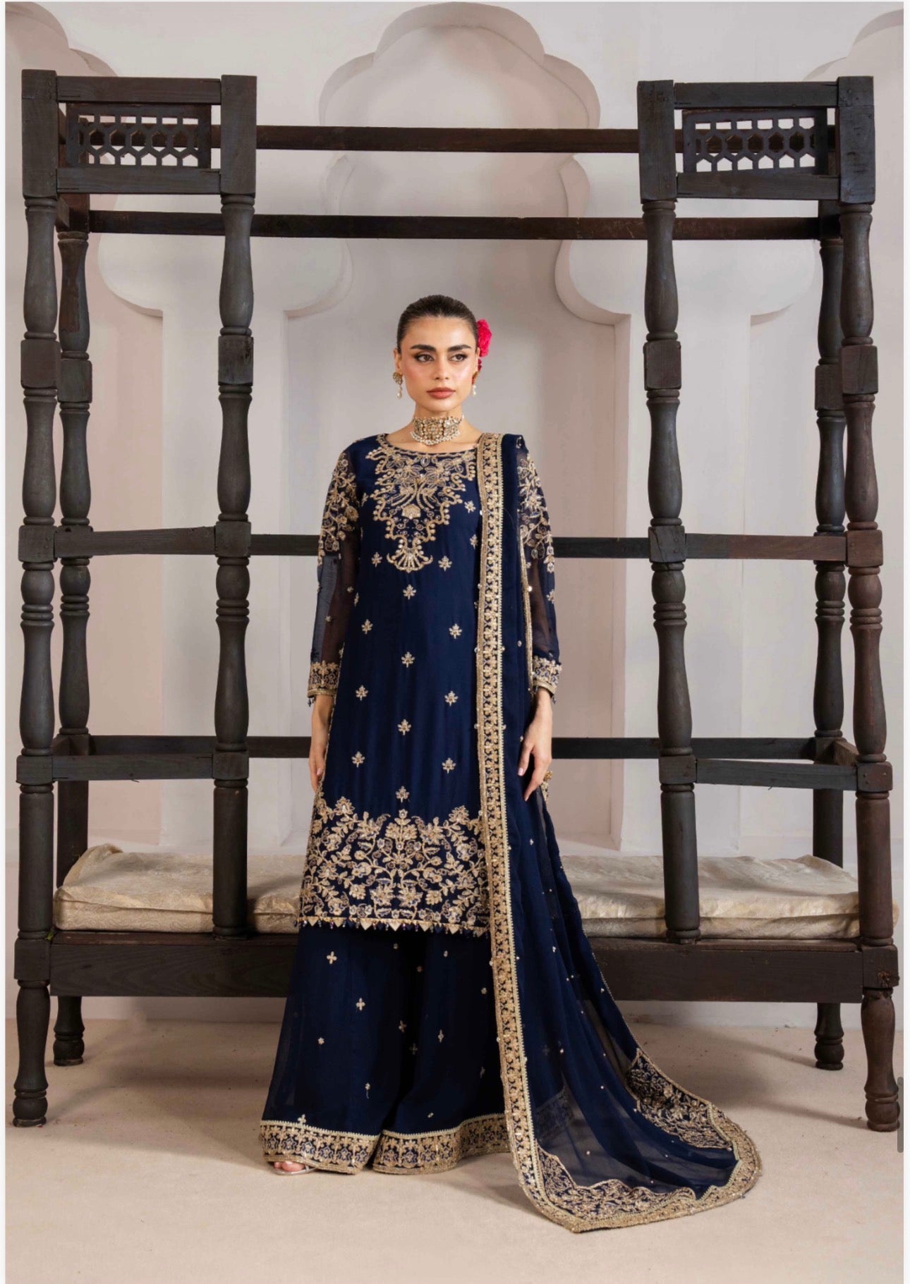 ALANI Navy Blue Luxury Embroidered Gharara Suit | Pakistani Wedding & Party Wear