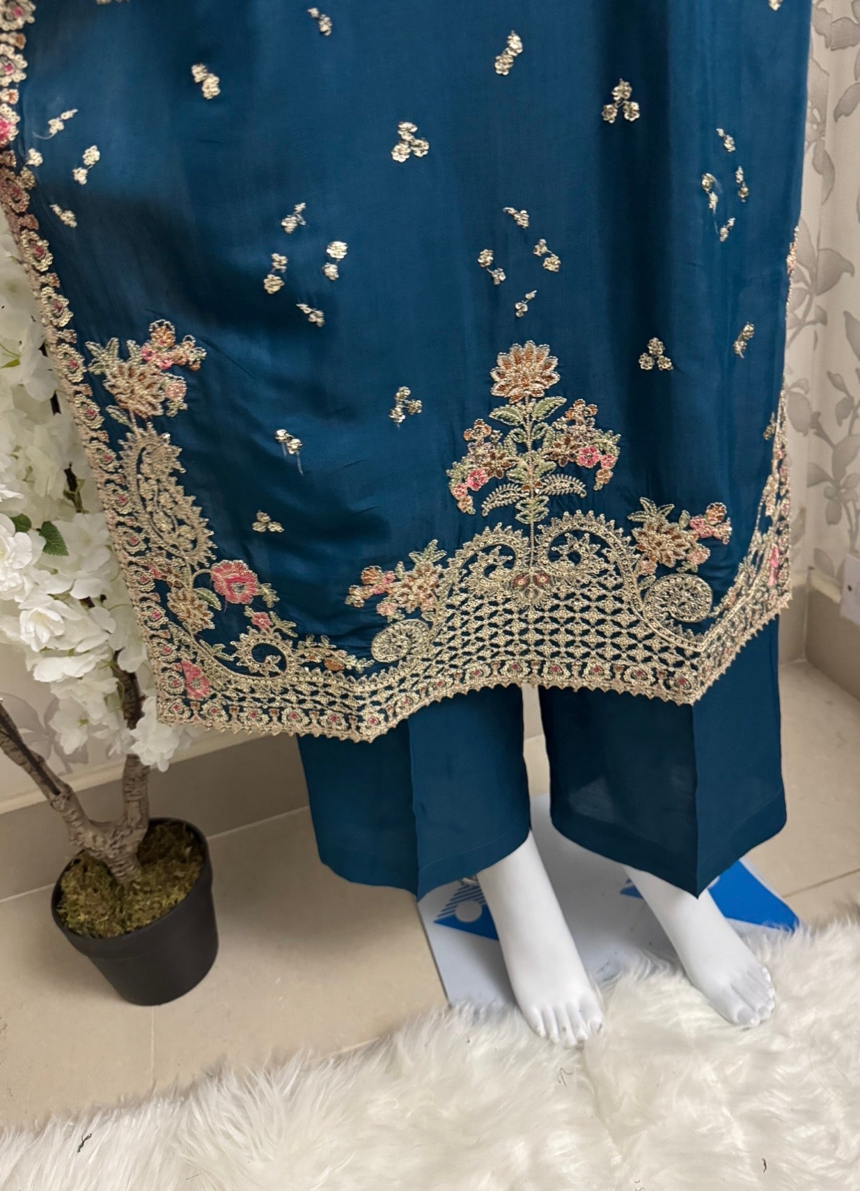 Teal Blue Embroidered Pakistani 3 Piece Suit – Luxury Eid Festive Wear