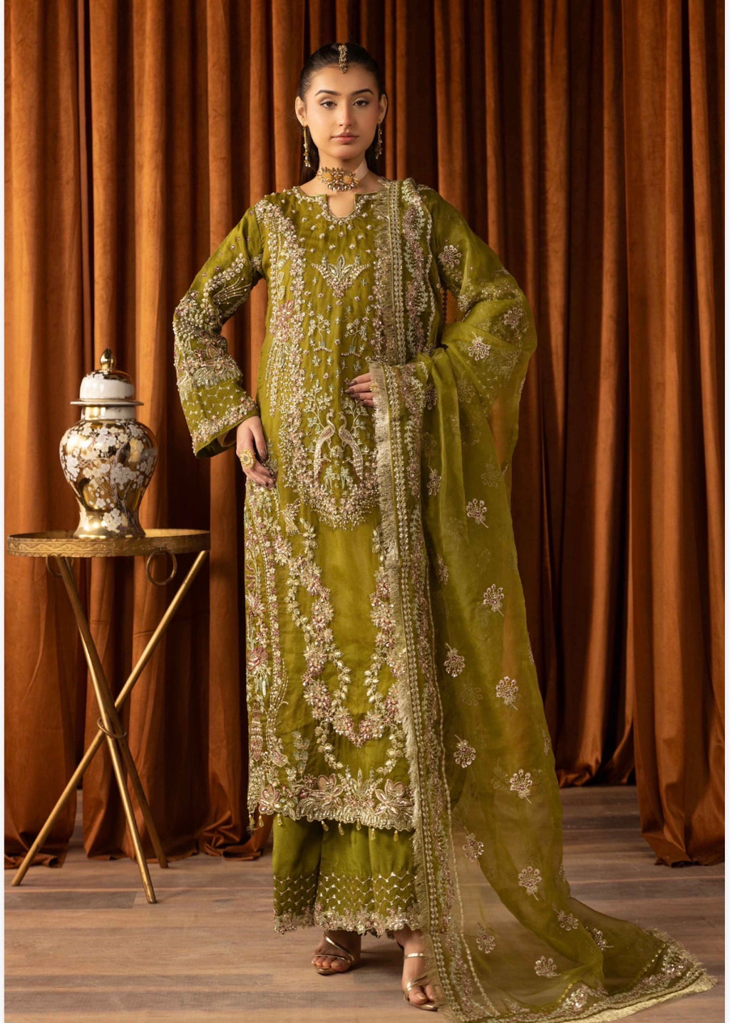 SANGEET Embroidered 3 piece Wedding Suit | Pakistani Mehndi, Mayon & Wedding Wear