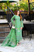Emerald Green Embroidered Lawn Suit – Luxury Pakistani 3 Piece Set with Net Dupatta