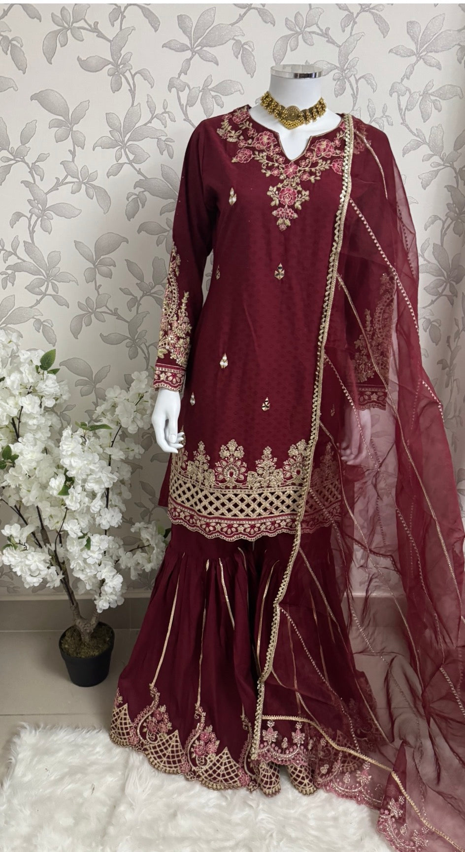 Maroon Embroidered Gharara Suit with organza Dupatta – Luxury Pakistani 3 Piece Set
