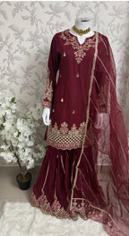 Maroon Embroidered Gharara Suit with organza Dupatta – Luxury Pakistani 3 Piece Set
