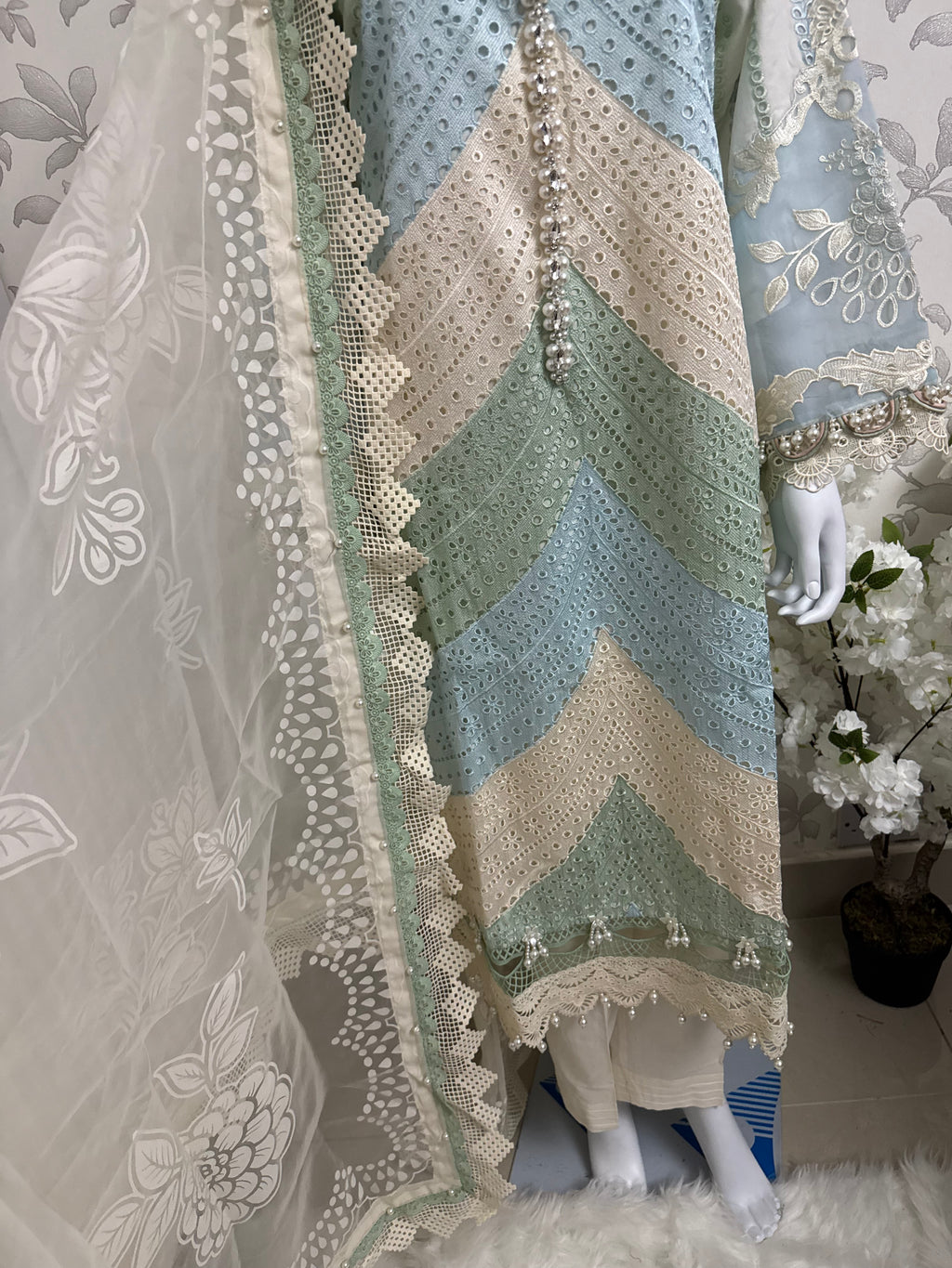 Mint Pearl Luxury Embroidered Suit – 3 Piece Collection