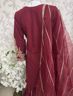 Maroon Embroidered Gharara Suit with organza Dupatta – Luxury Pakistani 3 Piece Set