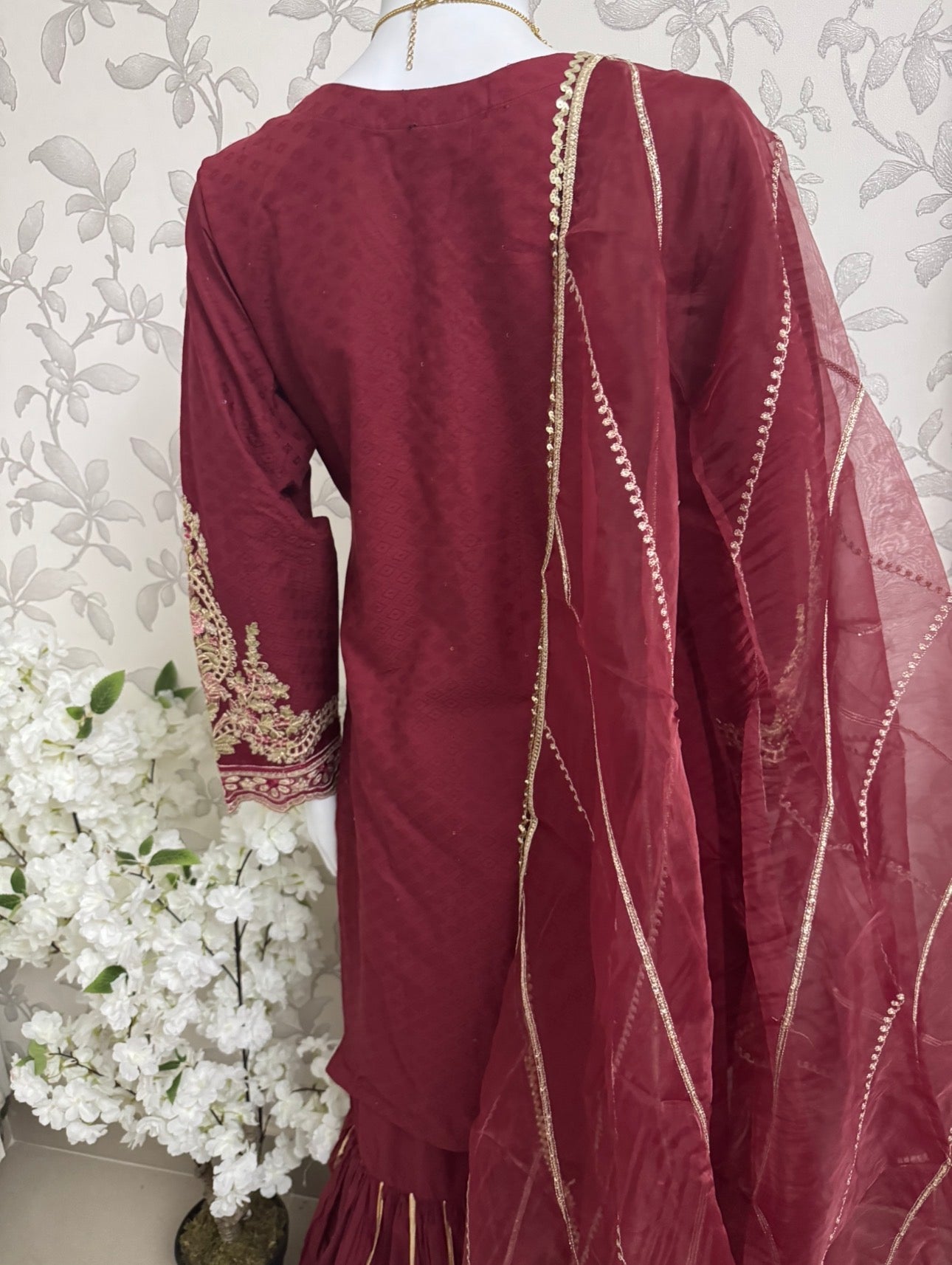 Maroon Embroidered Gharara Suit with organza Dupatta – Luxury Pakistani 3 Piece Set