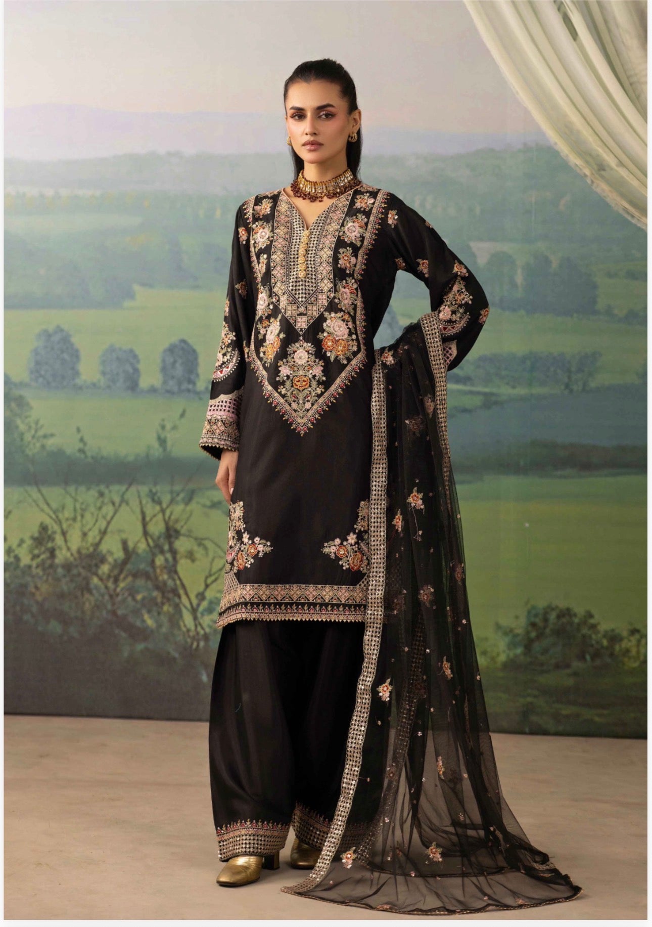 Black Embroidered Pakistani 3 Piece Suit – Luxury Eid Festive Wear