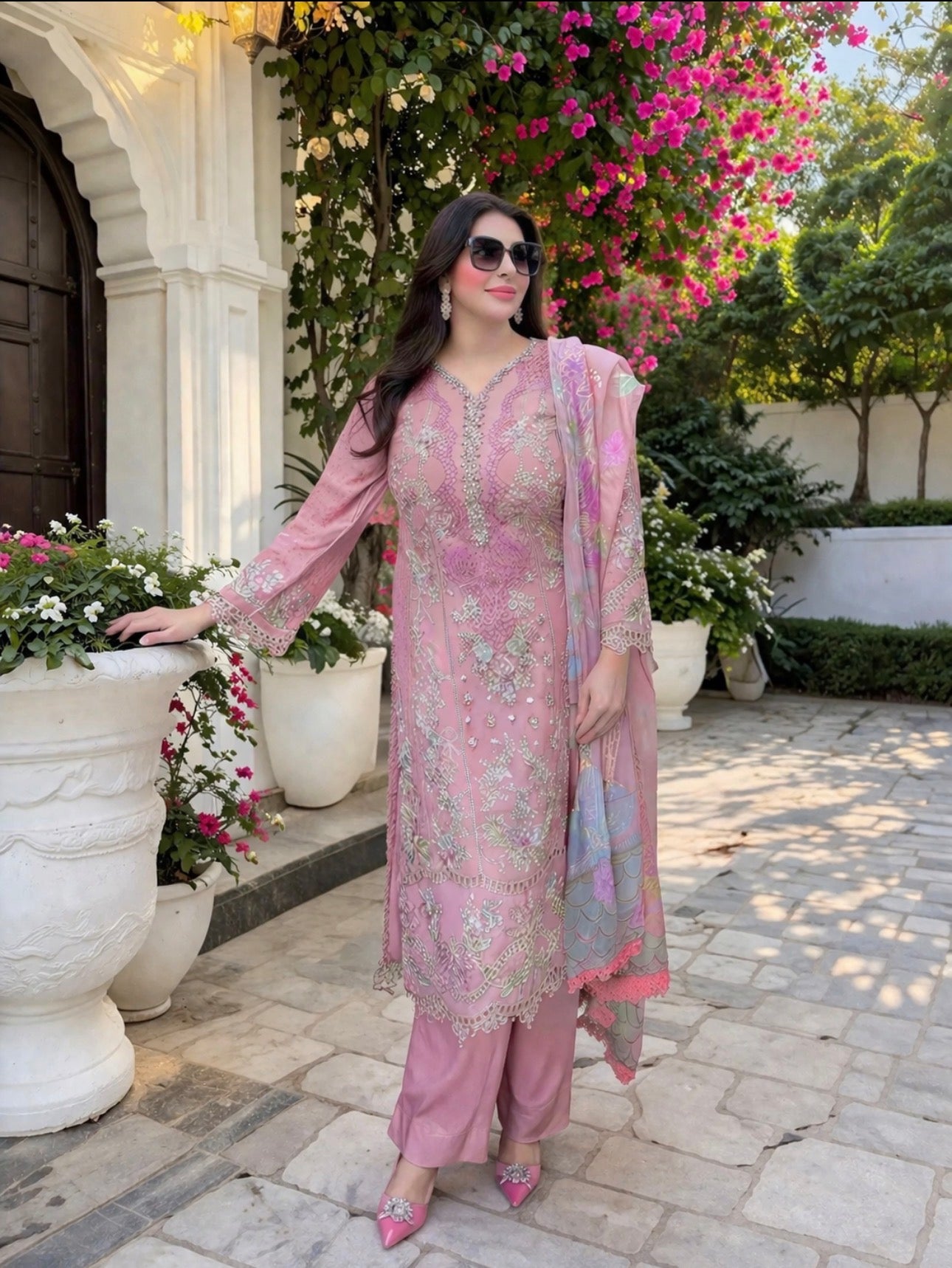 Luxury Blush Pink Embroidered 3 piece Chiffon Suit  | Pakistani Wedding & Formal Wear