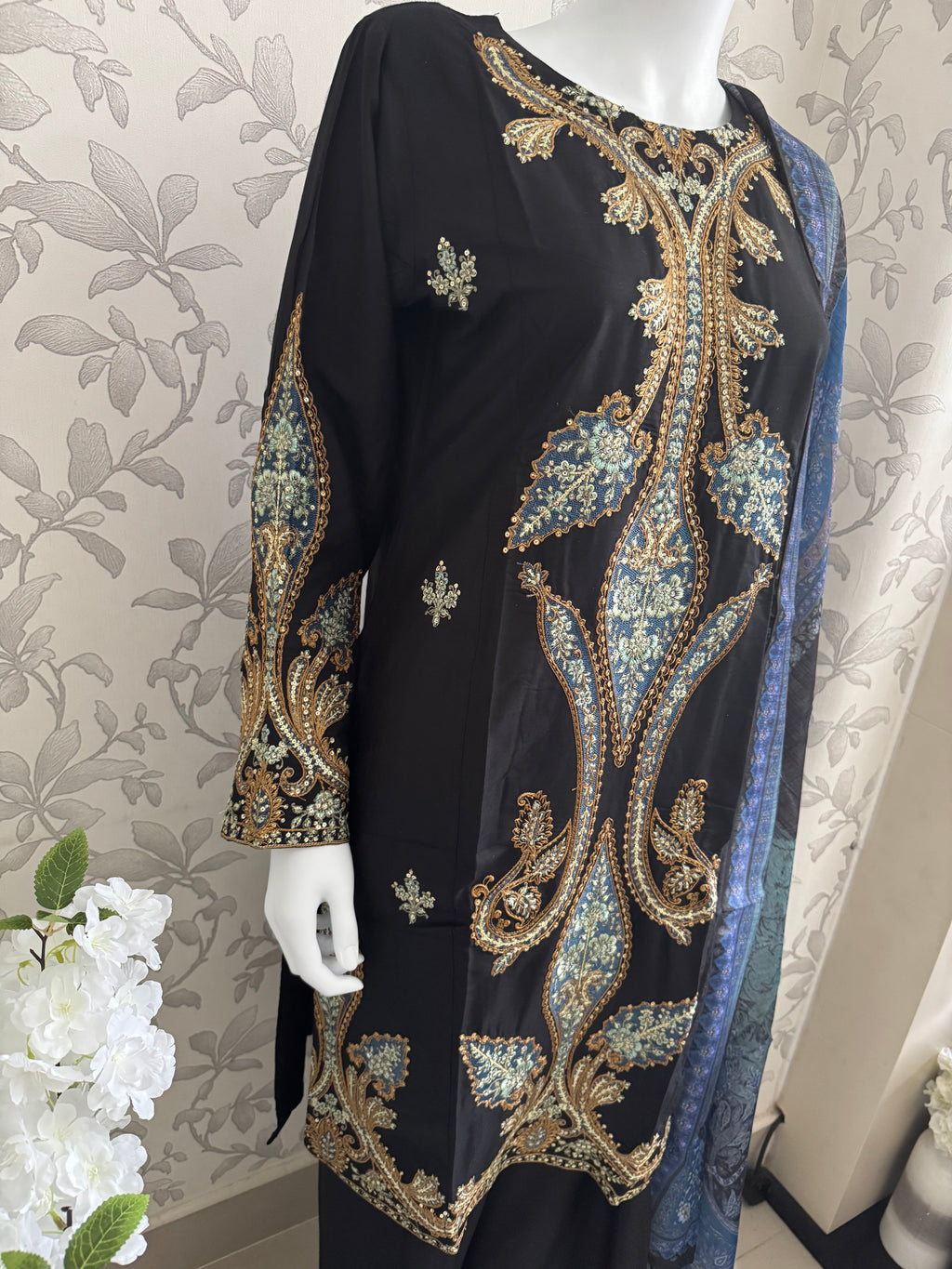 M Prints inspired Embroidered 3-Piece Suit | Pakistani Designer Dress