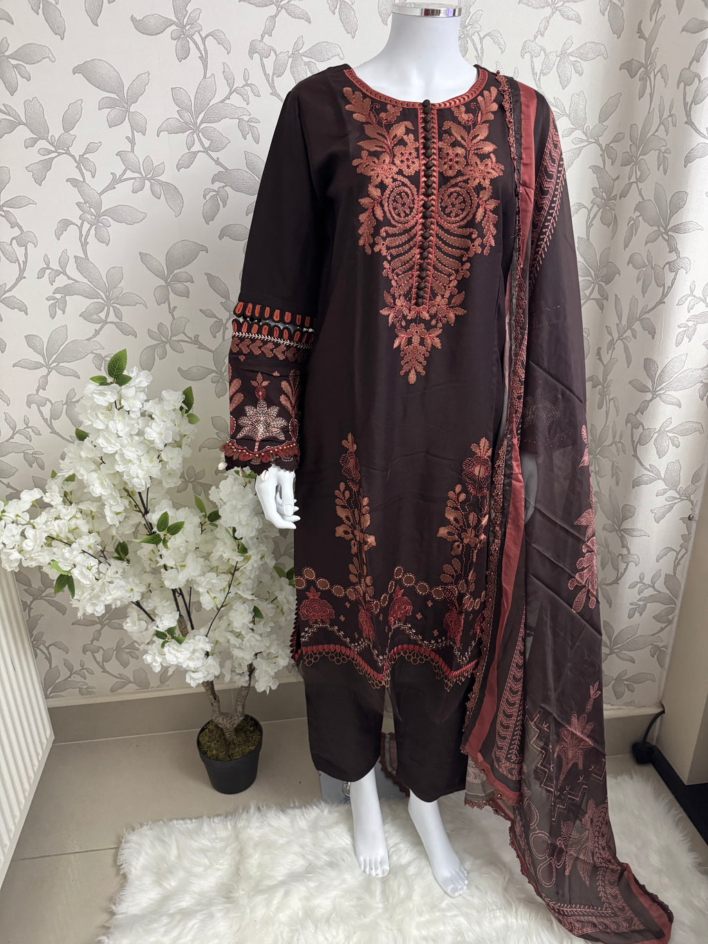 M Prints 4A inspired Embroidered 3-Piece Suit | Pakistani Designer Dress