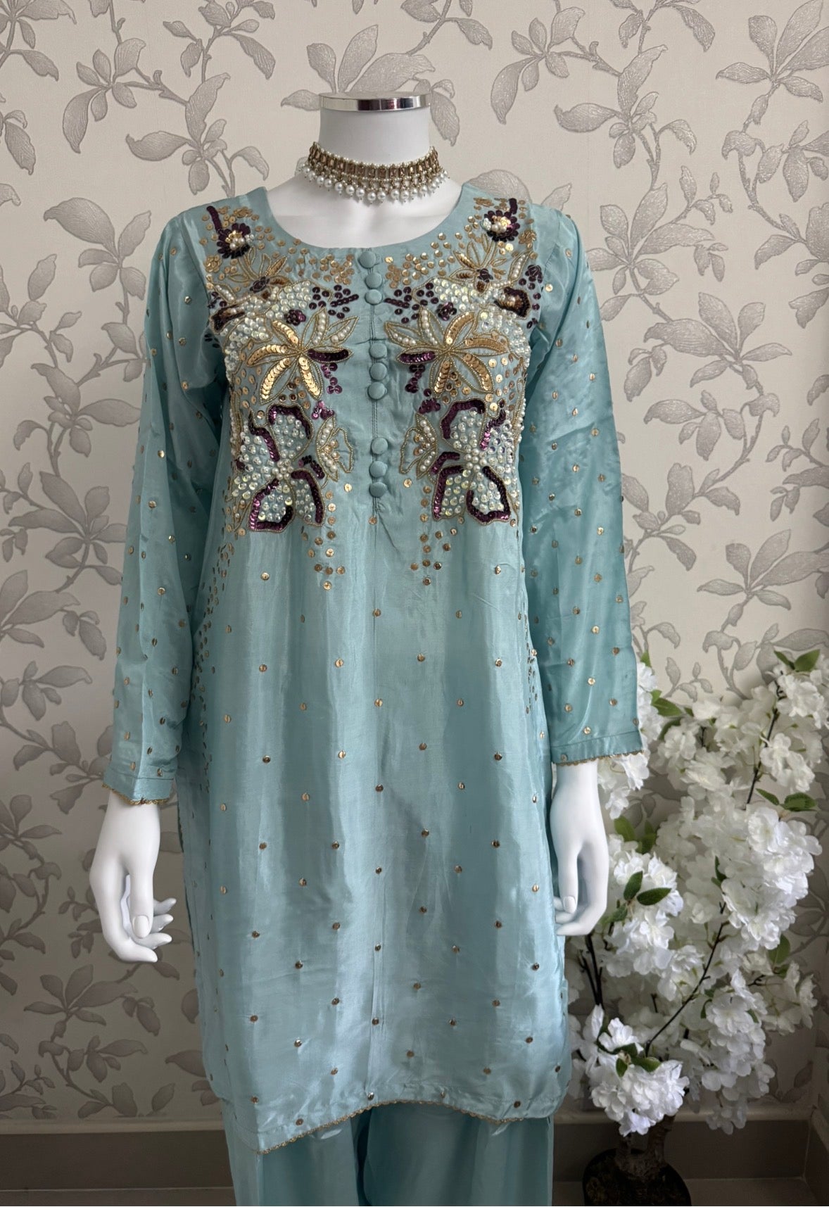 SILKY CHARM Luxury Embroidered Silk Suit with Pearl & Sequin Work