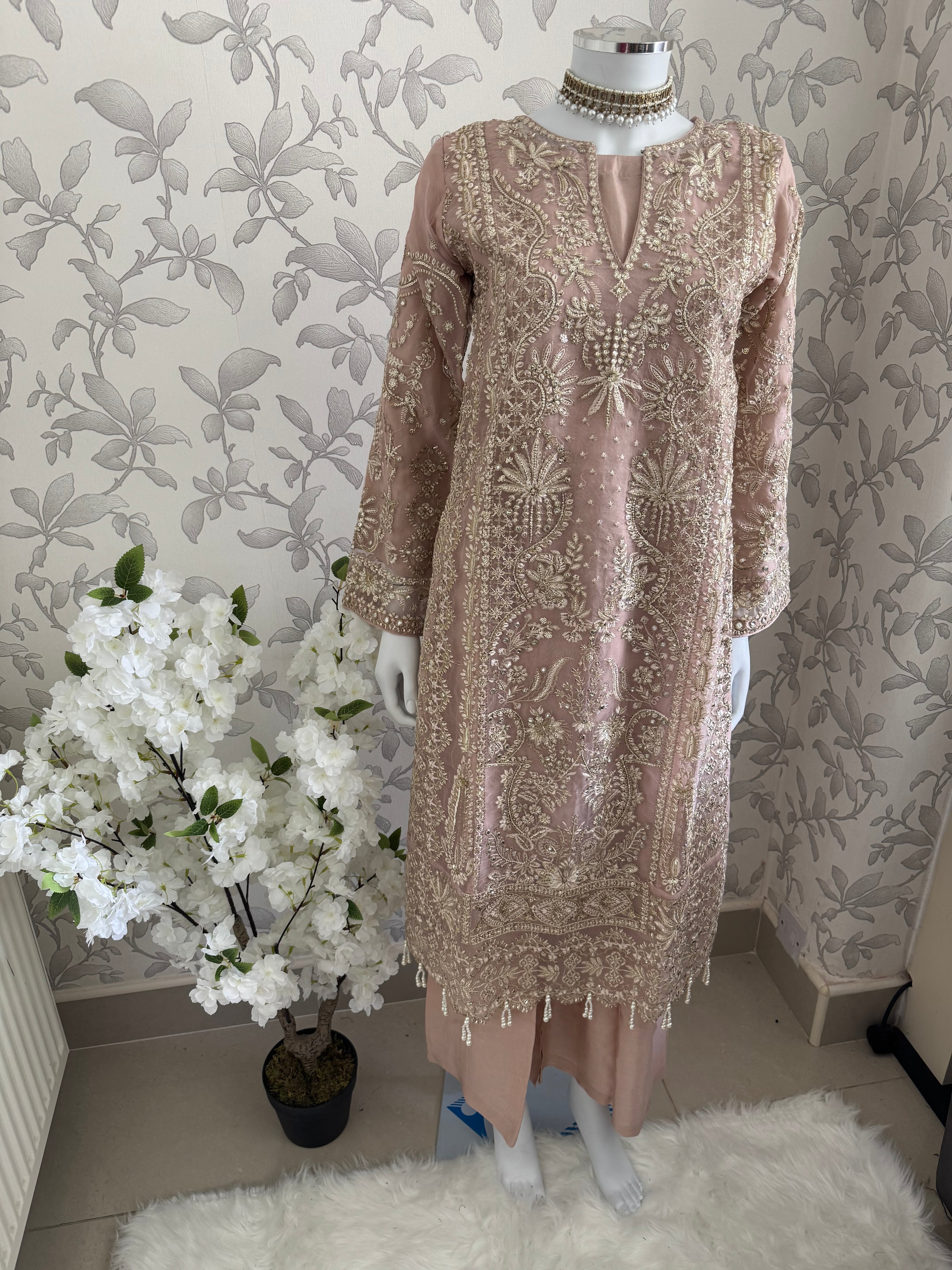 AFROZ Blush Pink Embroidered Organza Suit | Pakistani Wedding & Formal Dress