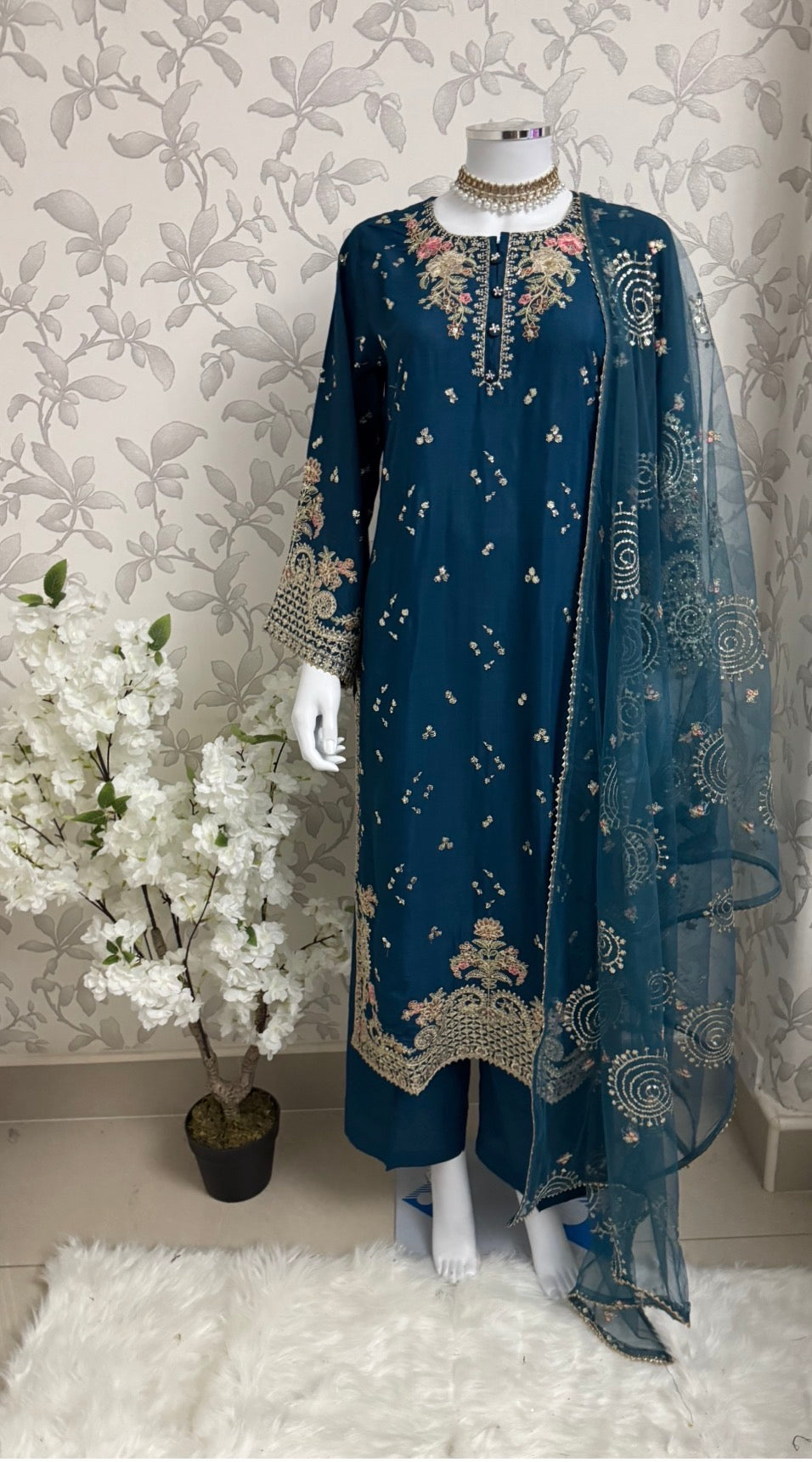 Teal Blue Embroidered Pakistani 3 Piece Suit – Luxury Eid Festive Wear