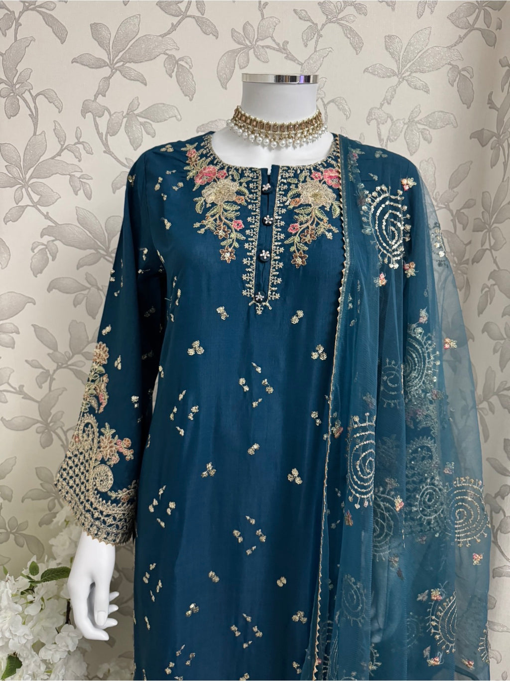 Teal Blue Embroidered Pakistani 3 Piece Suit – Luxury Eid Festive Wear