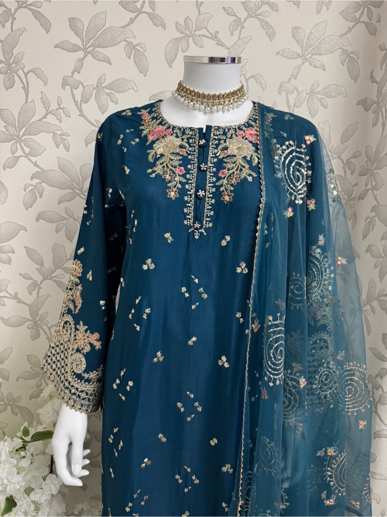 Teal Blue Embroidered Pakistani 3 Piece Suit – Luxury Eid Festive Wear