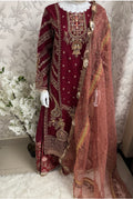 GULAAB…. Deep Maroon Embroidered Pakistani Sharara Suit with Rose Gold Dupatta