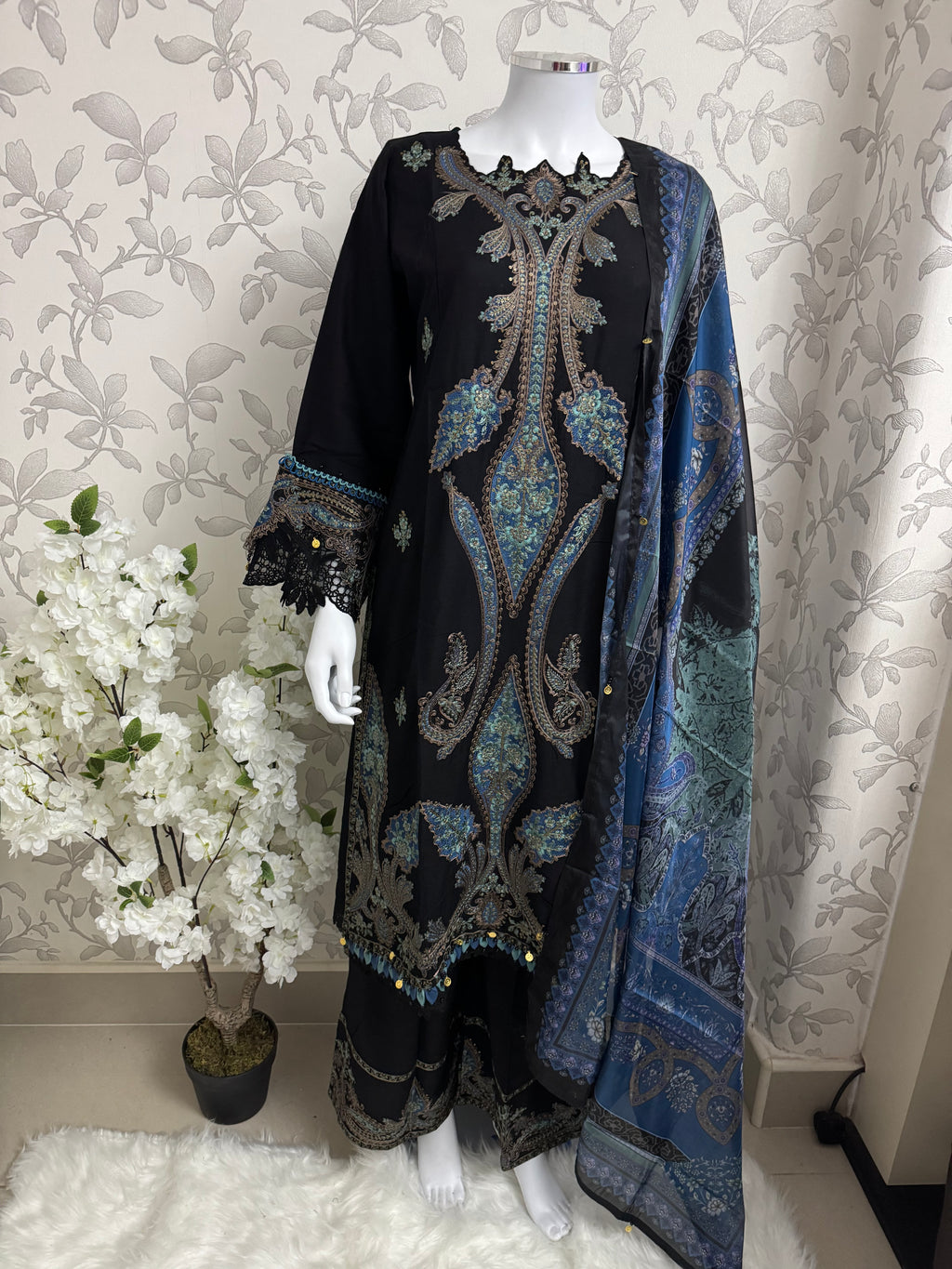 M Prints 6B inspired Embroidered 3-Piece Suit | Pakistani Designer Dress