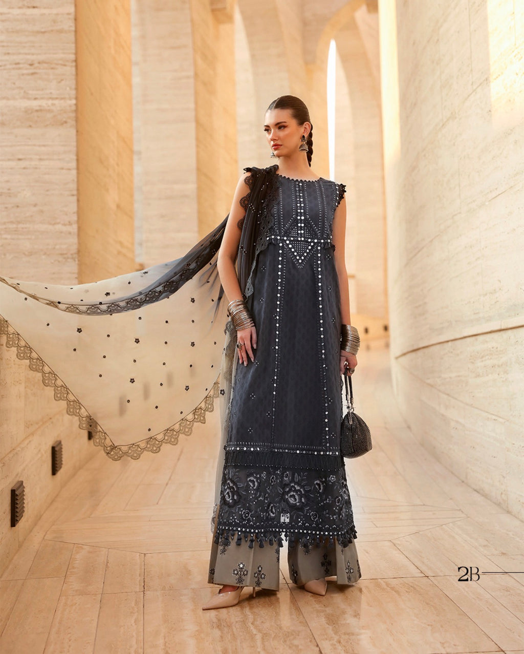 Charcoal Bloom Luxury Embroidered Suit – 3 Piece Collection