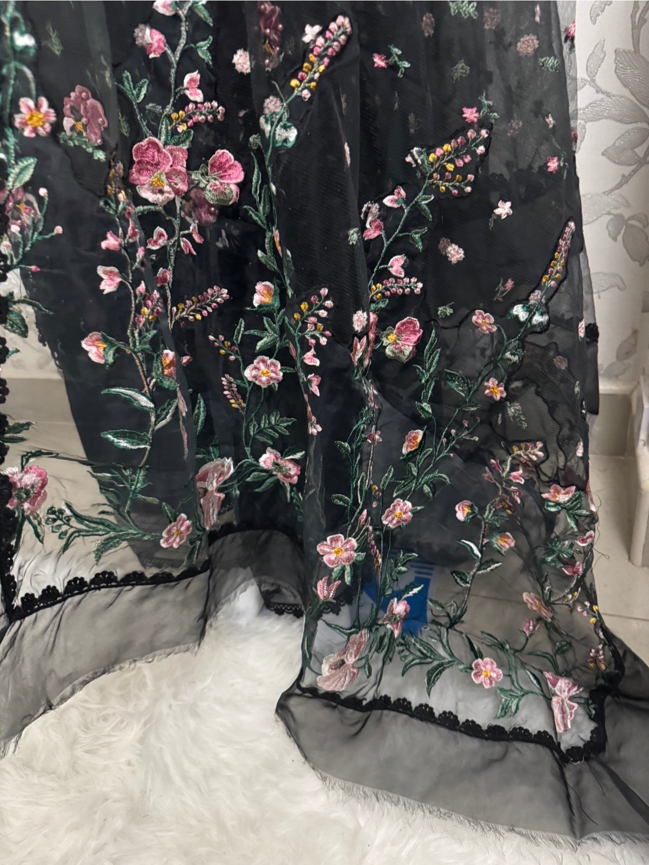 Black Floral Embroidered Lawn Suit – Luxury Pakistani 3 Piece Set with net Dupatta