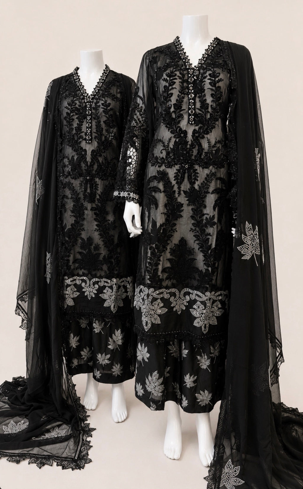 Midnight Noir Luxury Embroidered Chiffon Suit – 3 Piece Collection