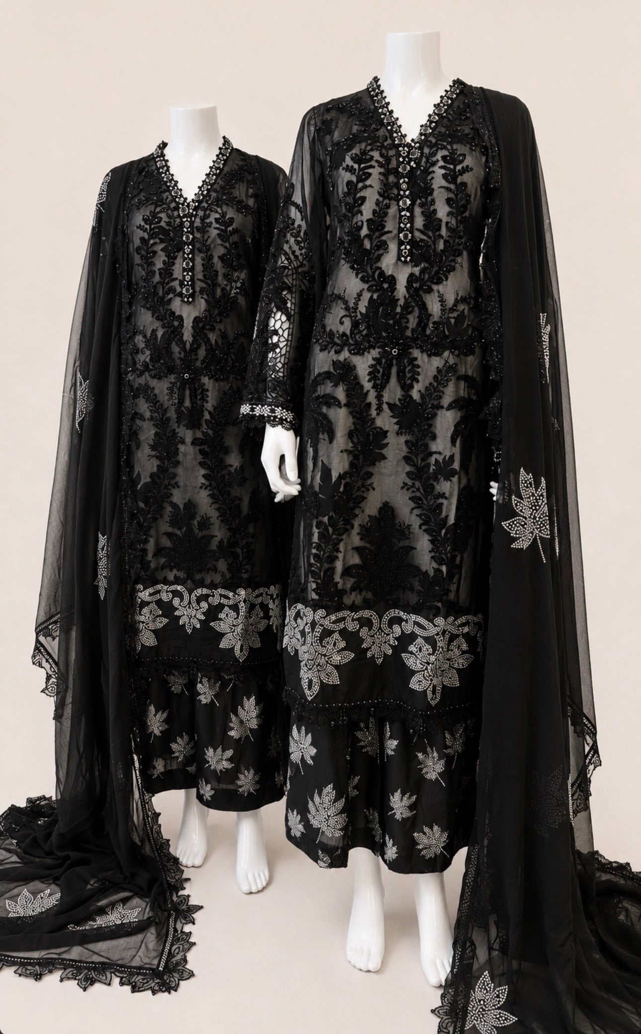 Midnight Noir Luxury Embroidered Chiffon Suit – 3 Piece Collection