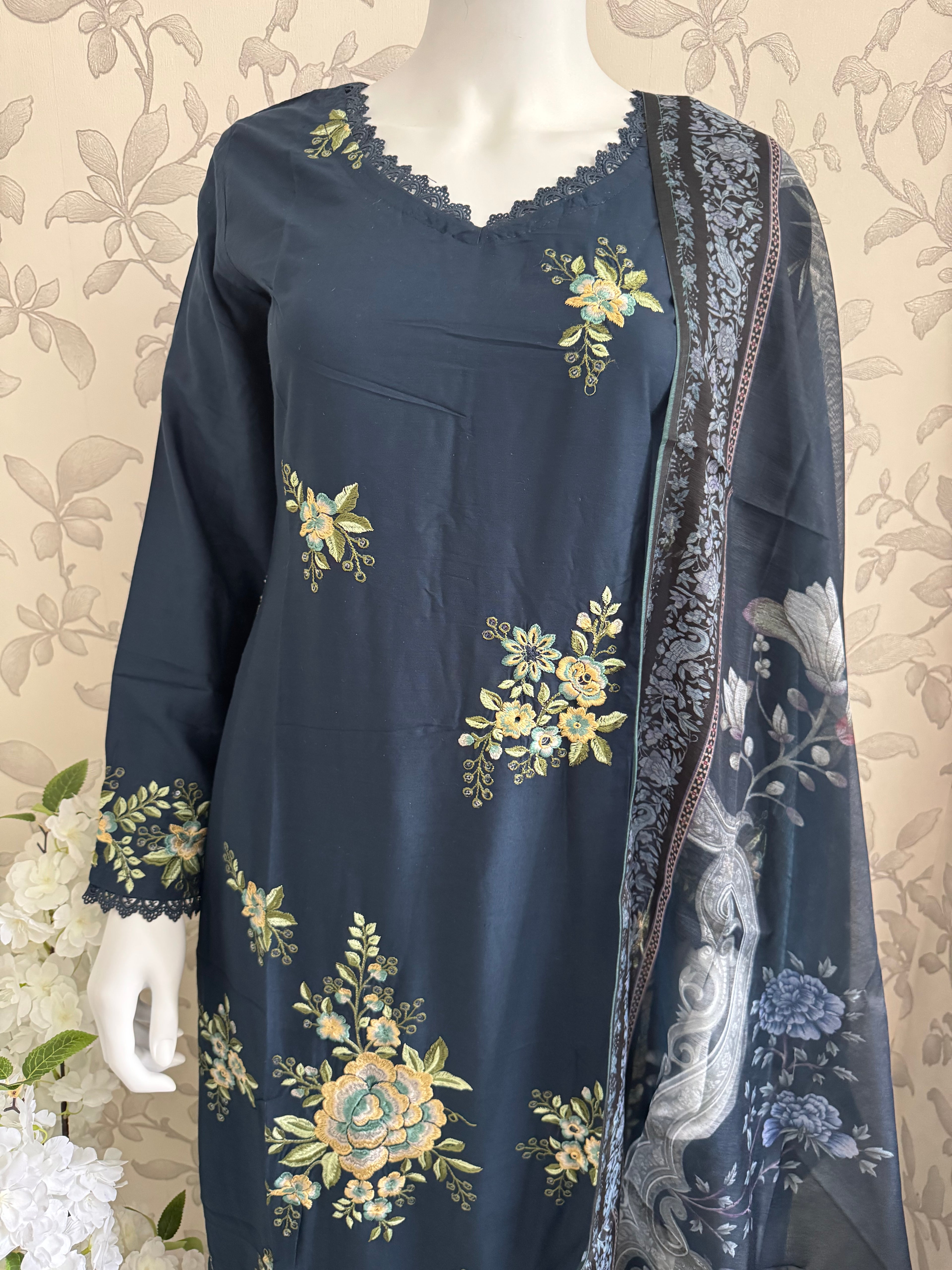 M Prints inspired Embroidered 3-Piece Suit | Pakistani Designer Dress