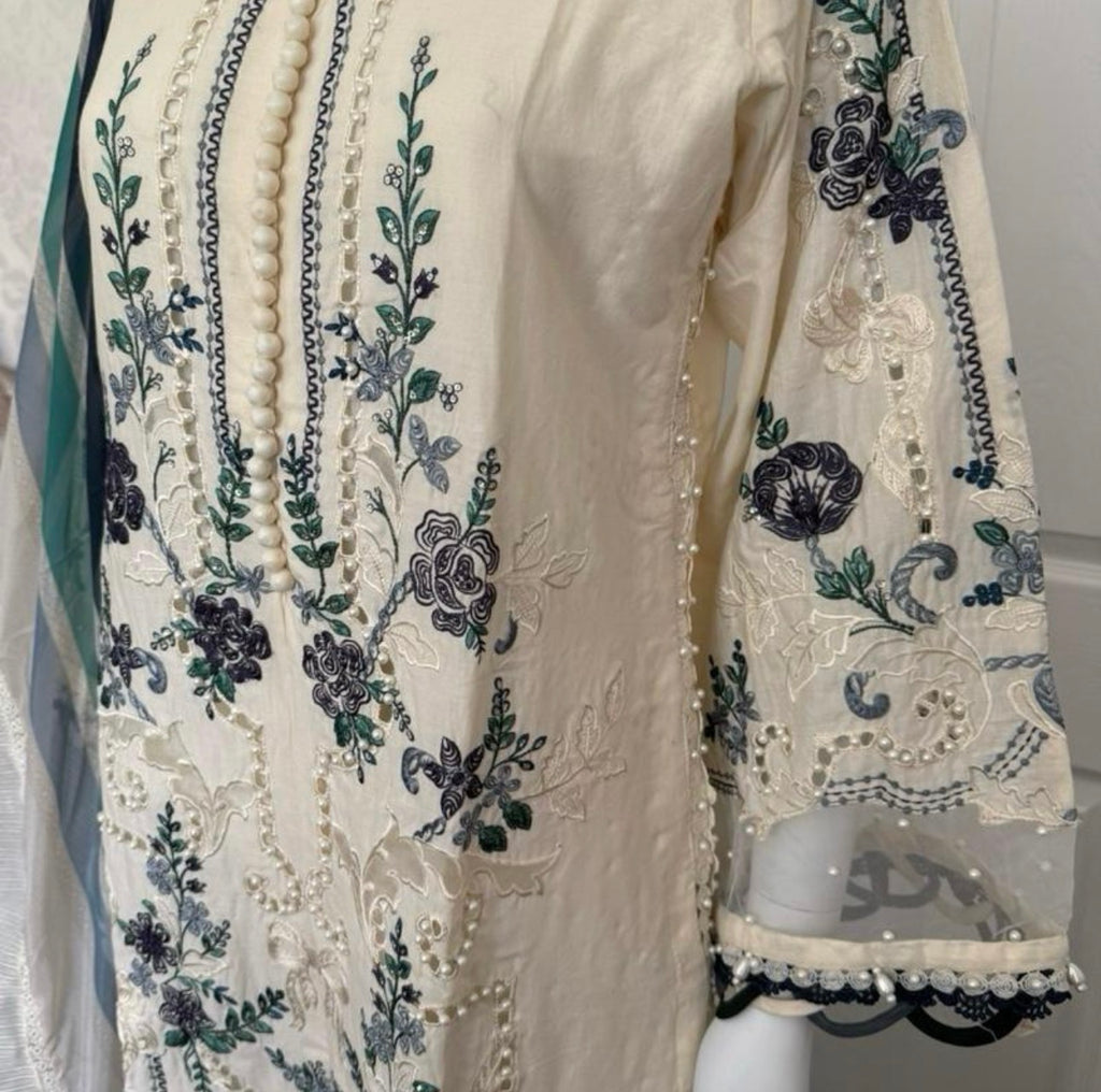 Azure Bloom Luxury Embroidered Suit – 3 Piece Collection