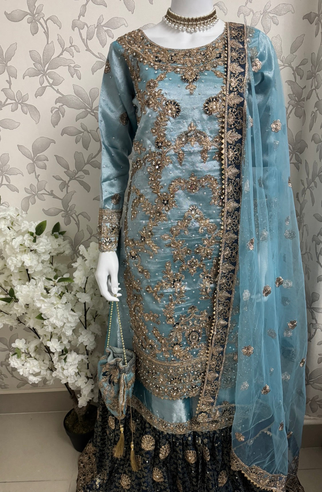 AMAIRA…. Champagne Gold & Maroon Embroidered Pakistani Gharara Suit with Net Dupatta