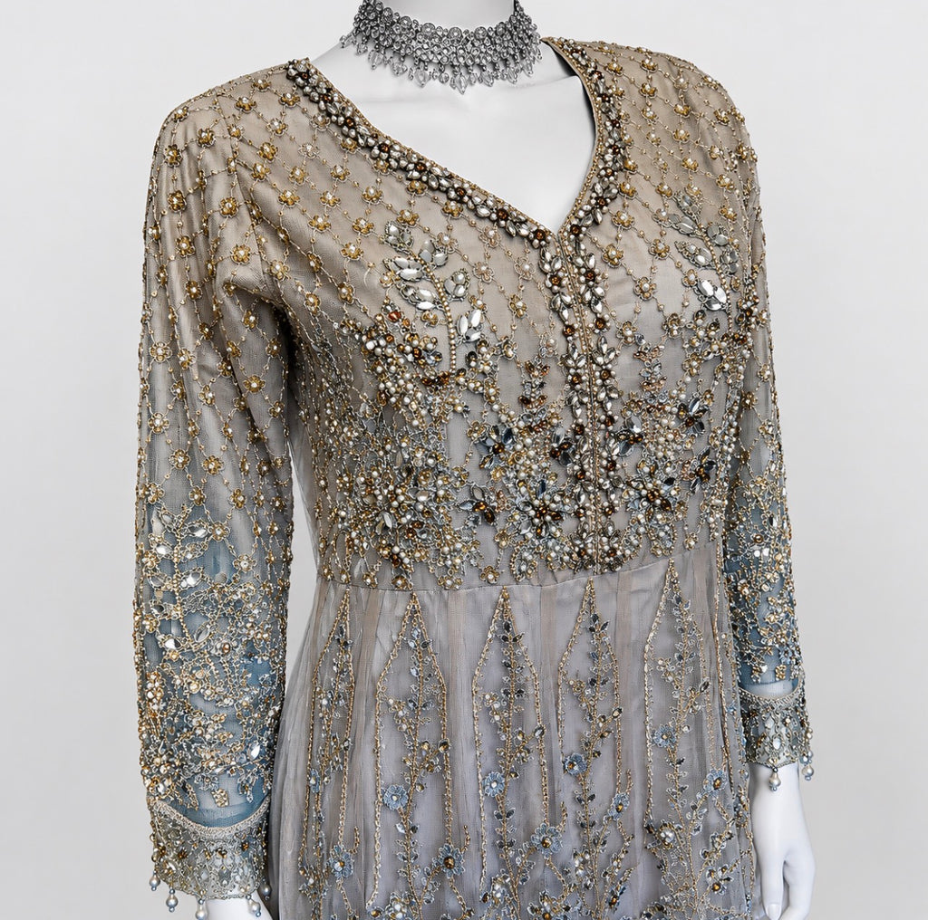 MASHAL…. Embroidered Net Maxi Dress with embroidered organza Dupatta