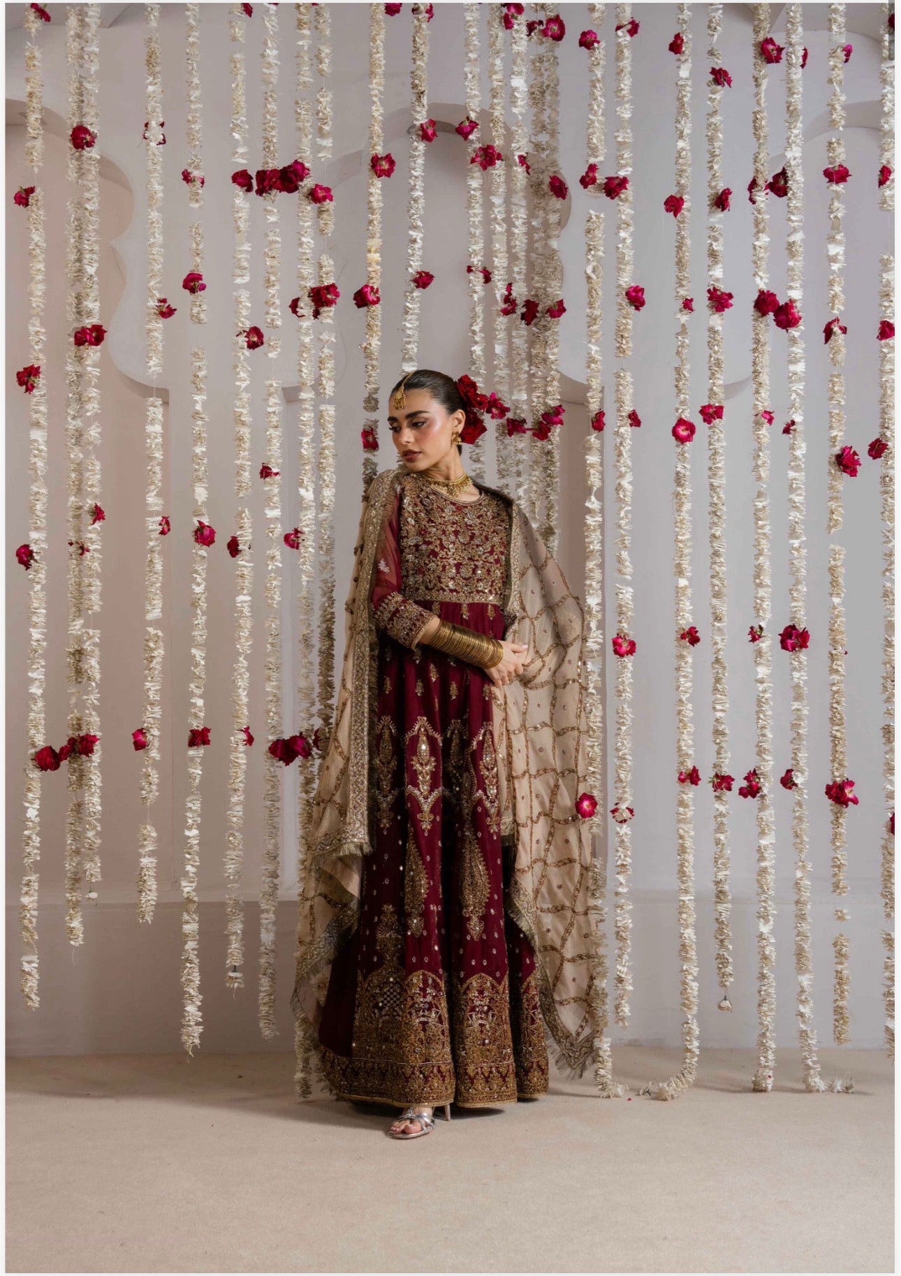ALANI Royal Maroon Maxi Dress | Heavy Gold Embroidered Pakistani Formal Wear