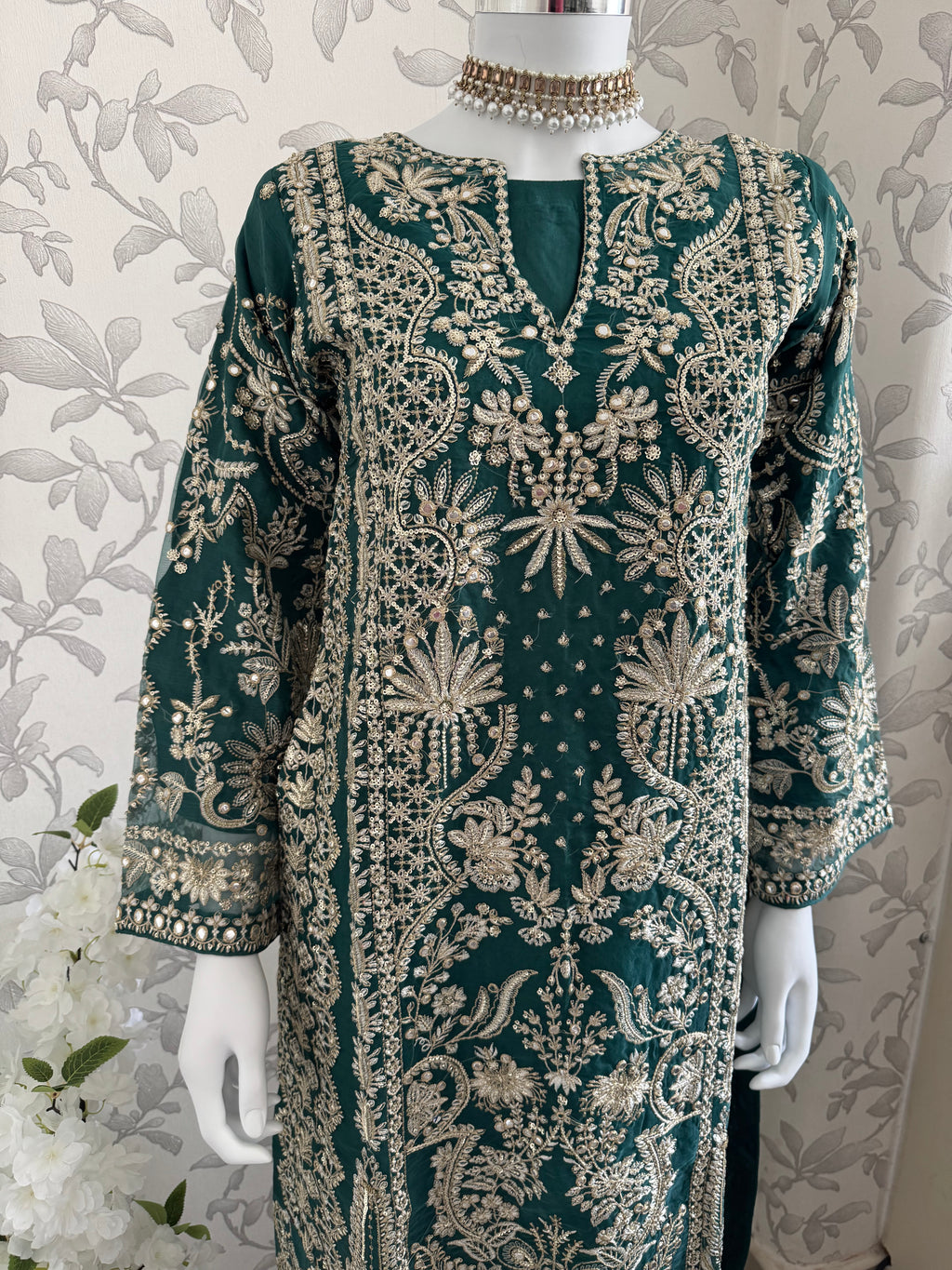 AFROZ Emerald Embroidered Organza Suit | Pakistani Wedding & Formal Dress