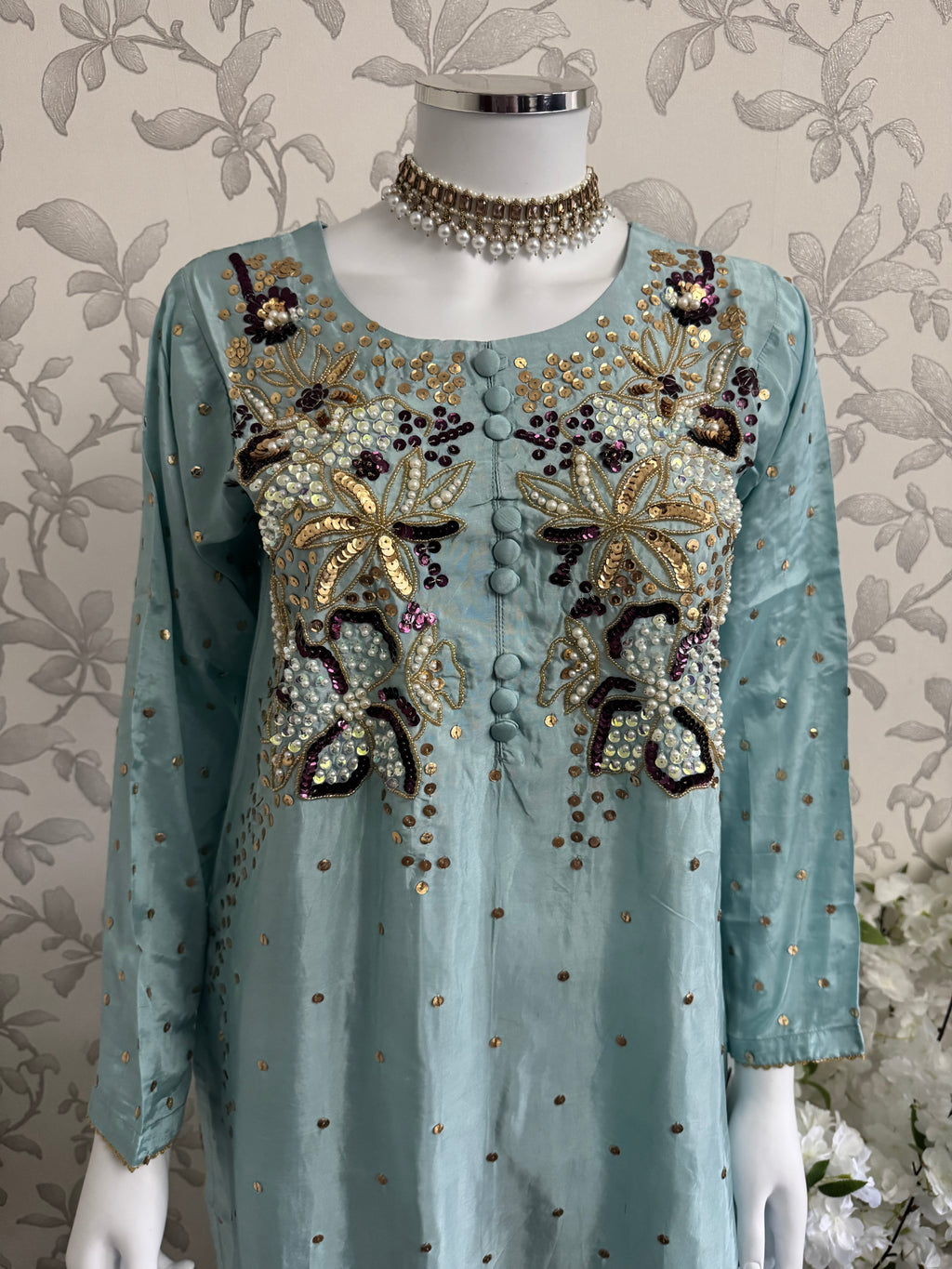 SILKY CHARM Luxury Embroidered Silk Suit with Pearl & Sequin Work