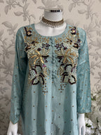 SILKY CHARM Luxury Embroidered Silk Suit with Pearl & Sequin Work