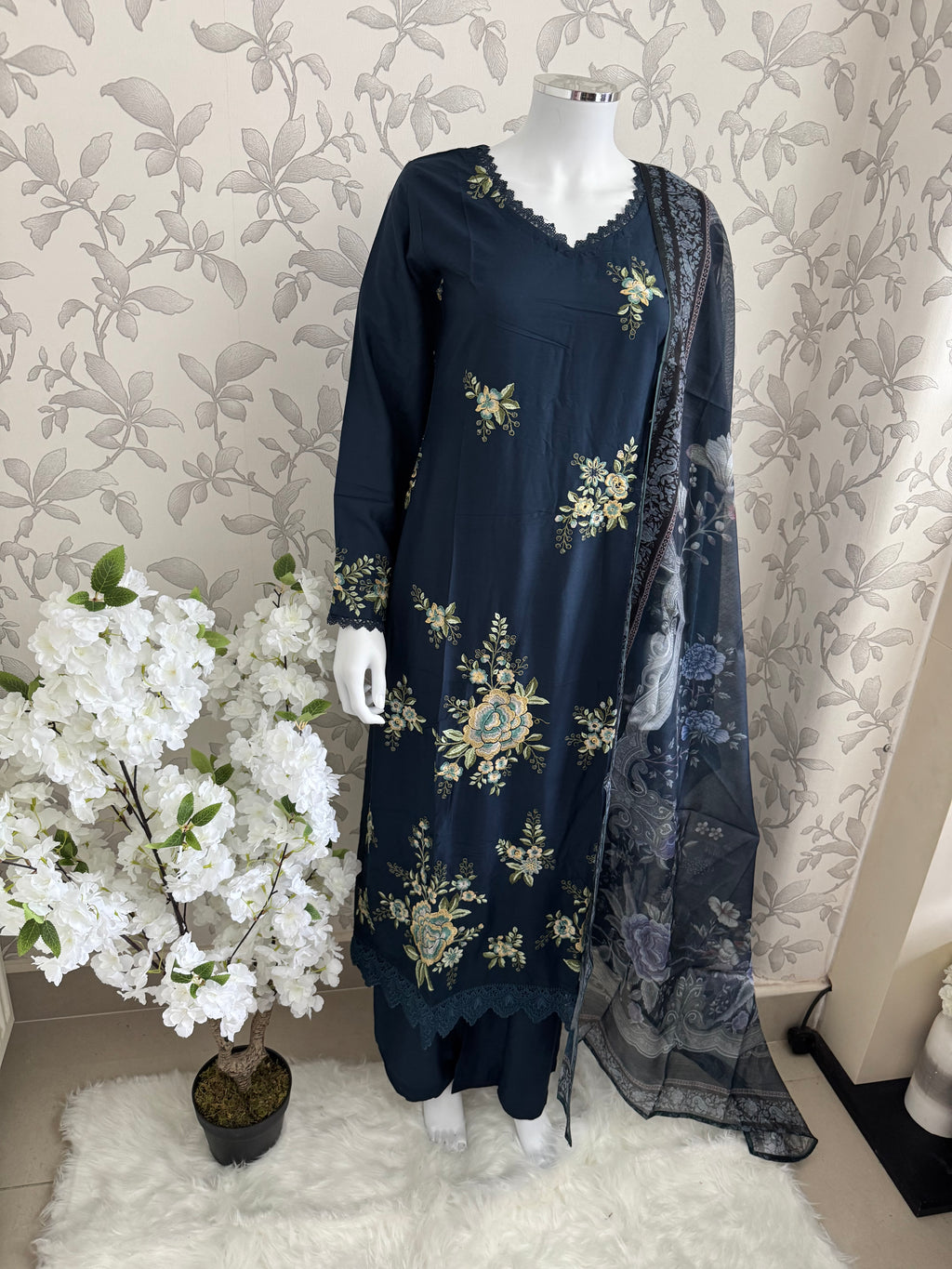 M Prints inspired Embroidered 3-Piece Suit | Pakistani Designer Dress